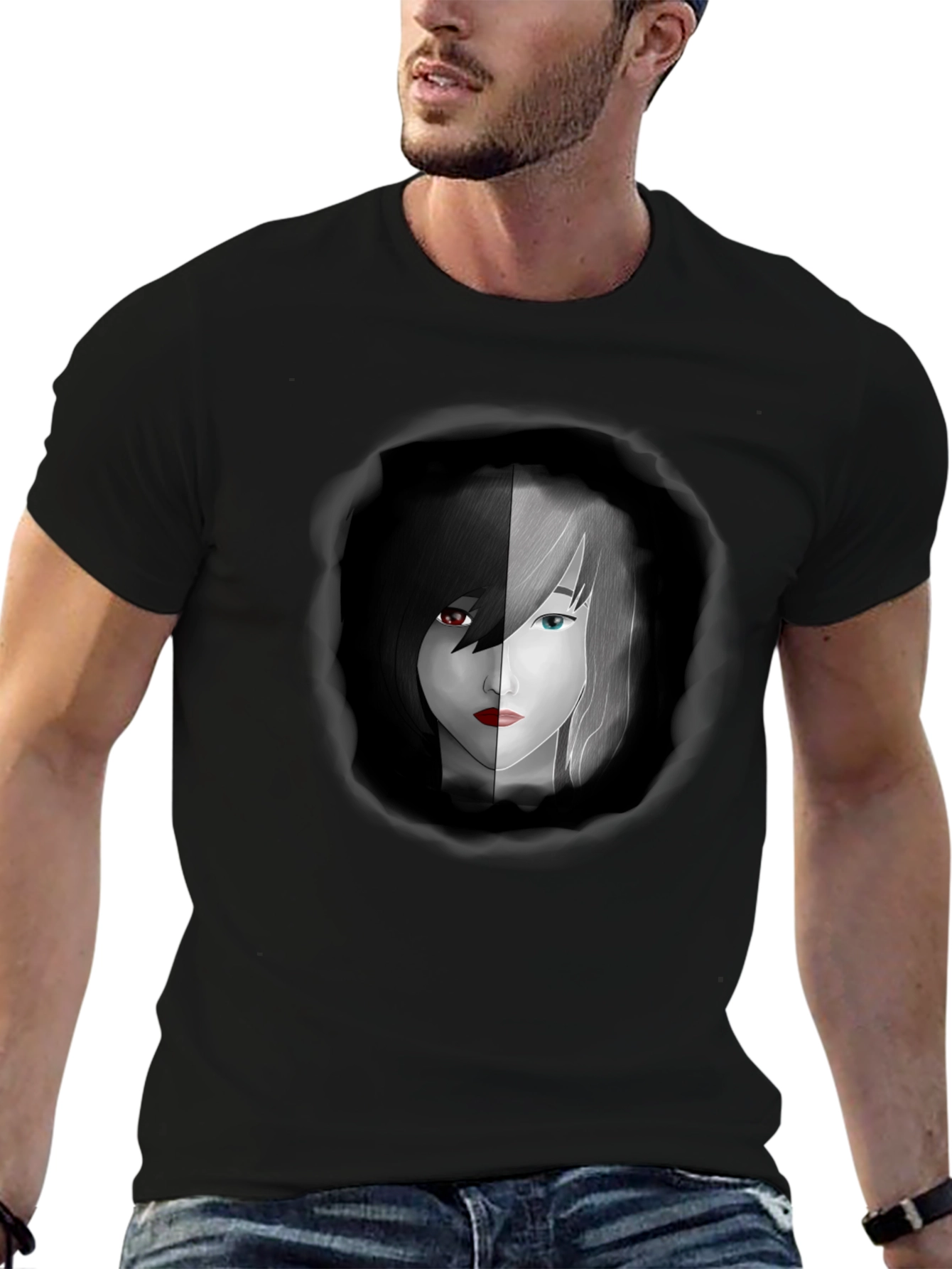 Yin Yang Anime Girl Graphic Black Tee