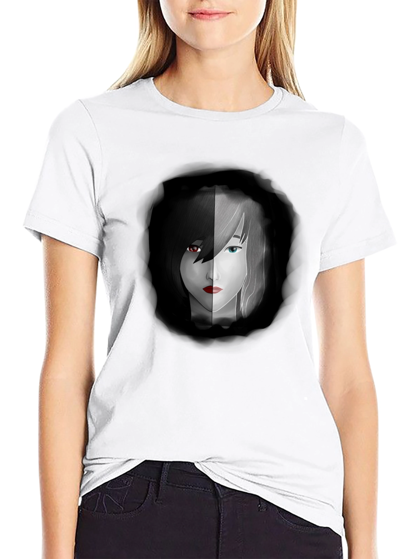 Yin Yang Anime Girl Graphic Black Tee