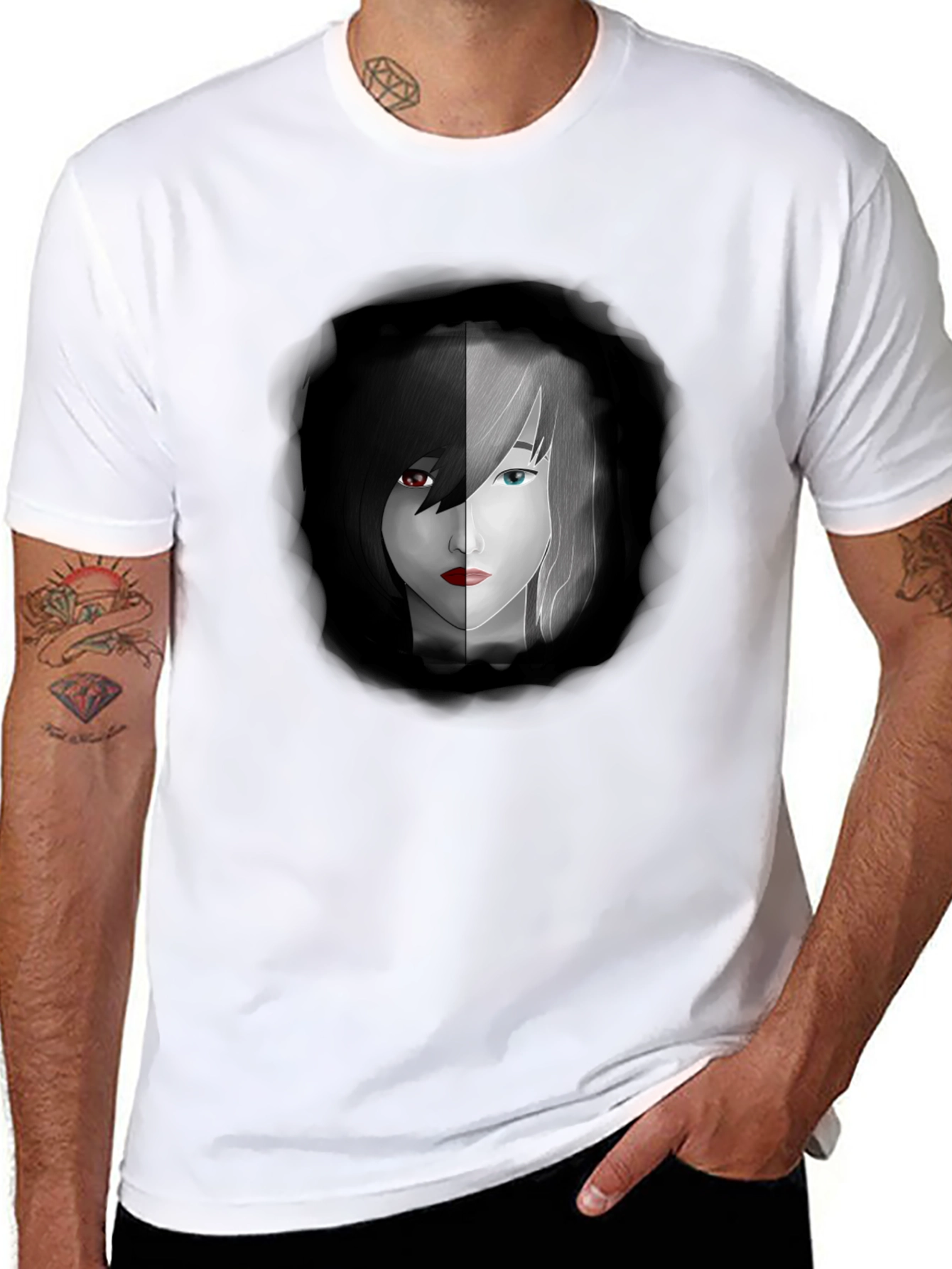 Yin Yang Anime Girl Graphic Black Tee