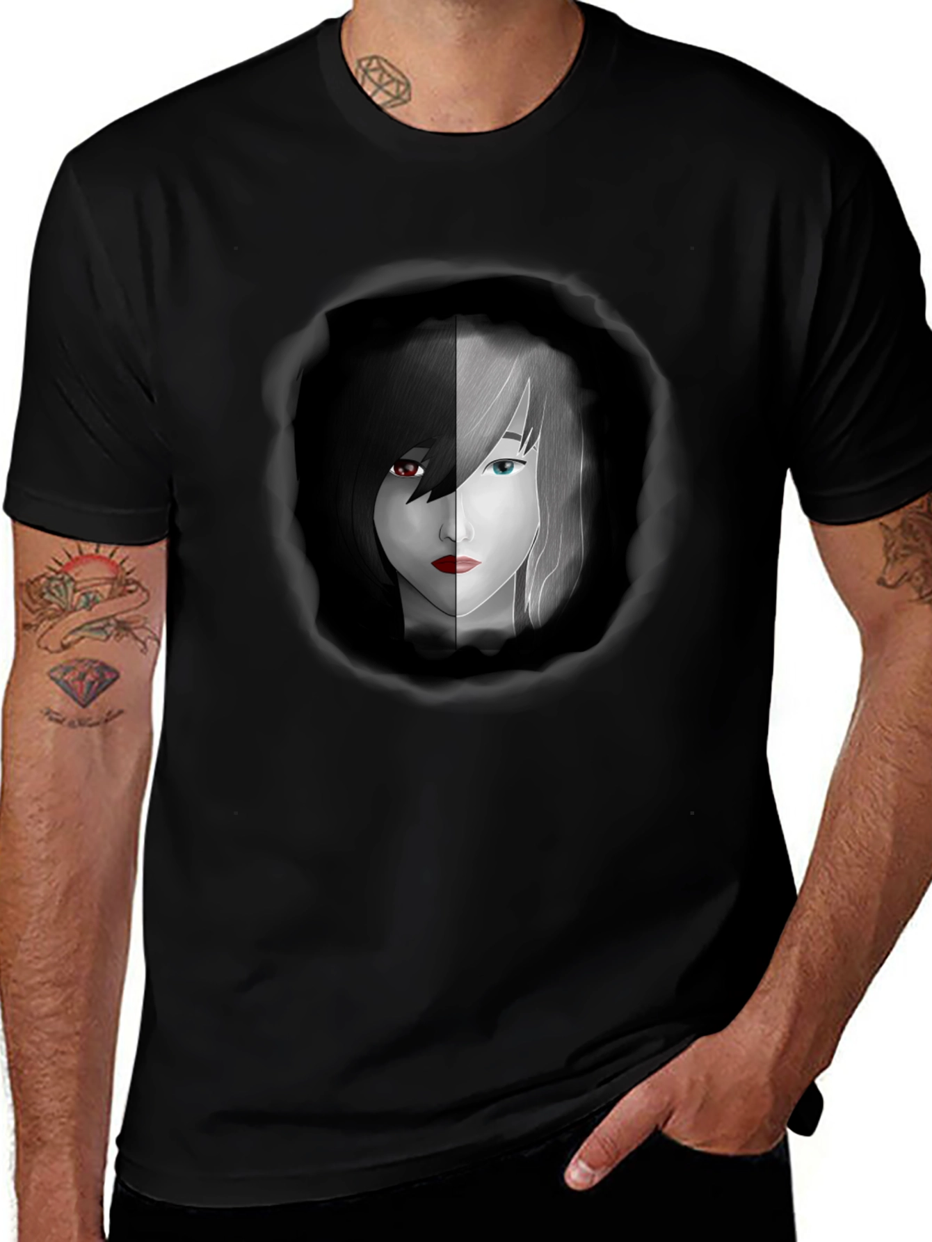 Yin Yang Anime Girl Graphic Black Tee