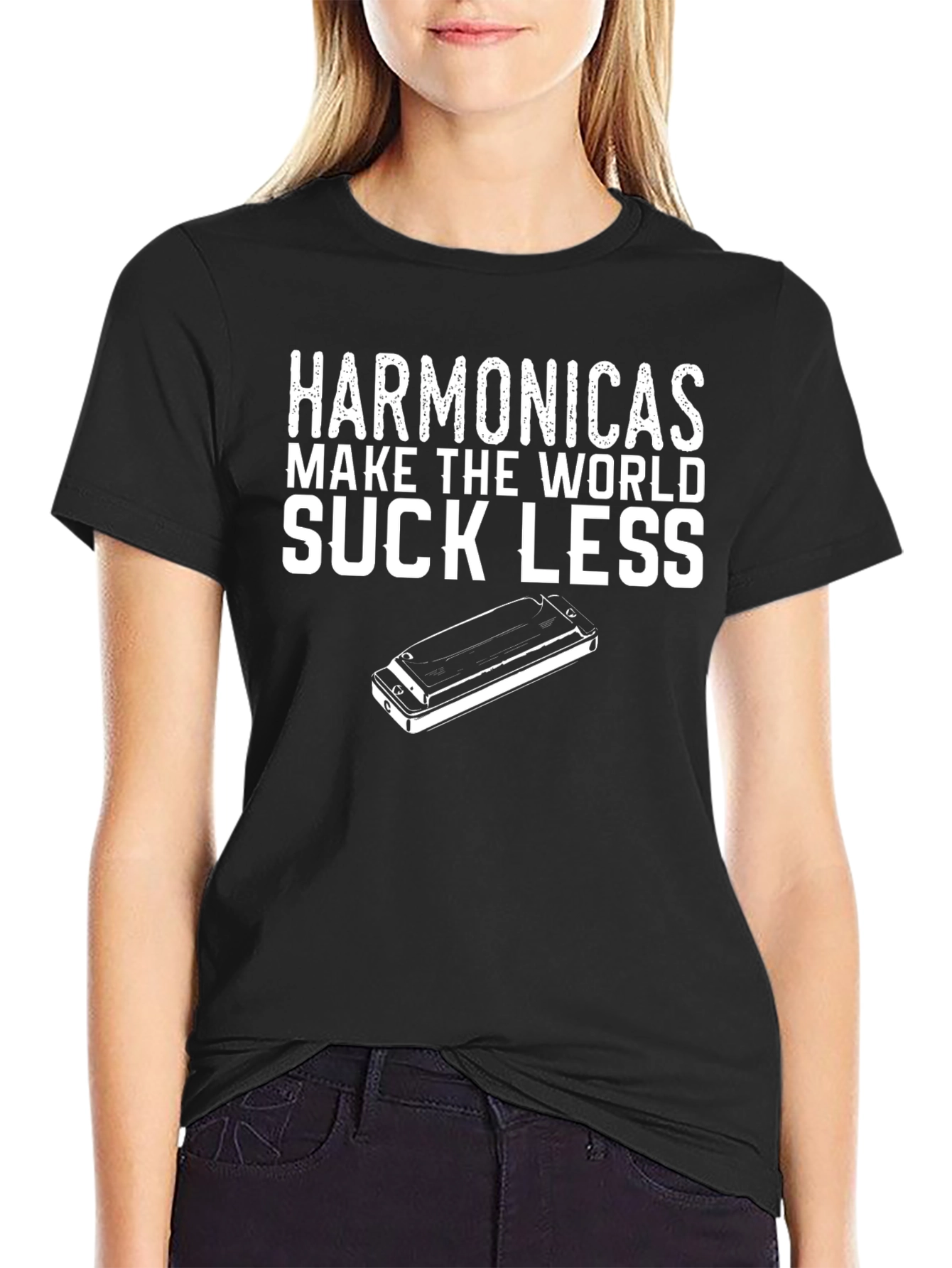 Harmonicas Make the World Suck Less Black T-Shirt