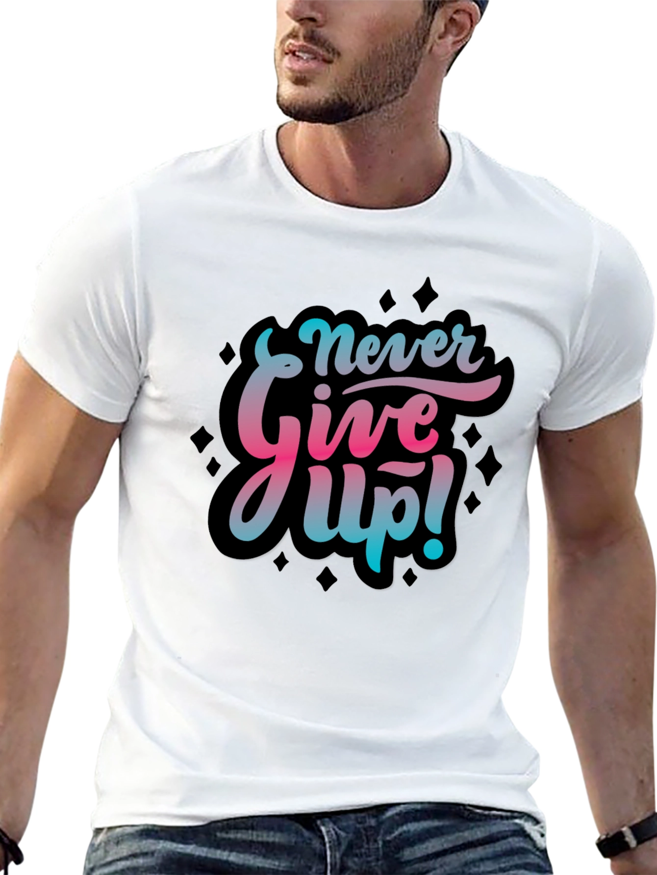 Never Give Up Graphic Print Black T-Shirt