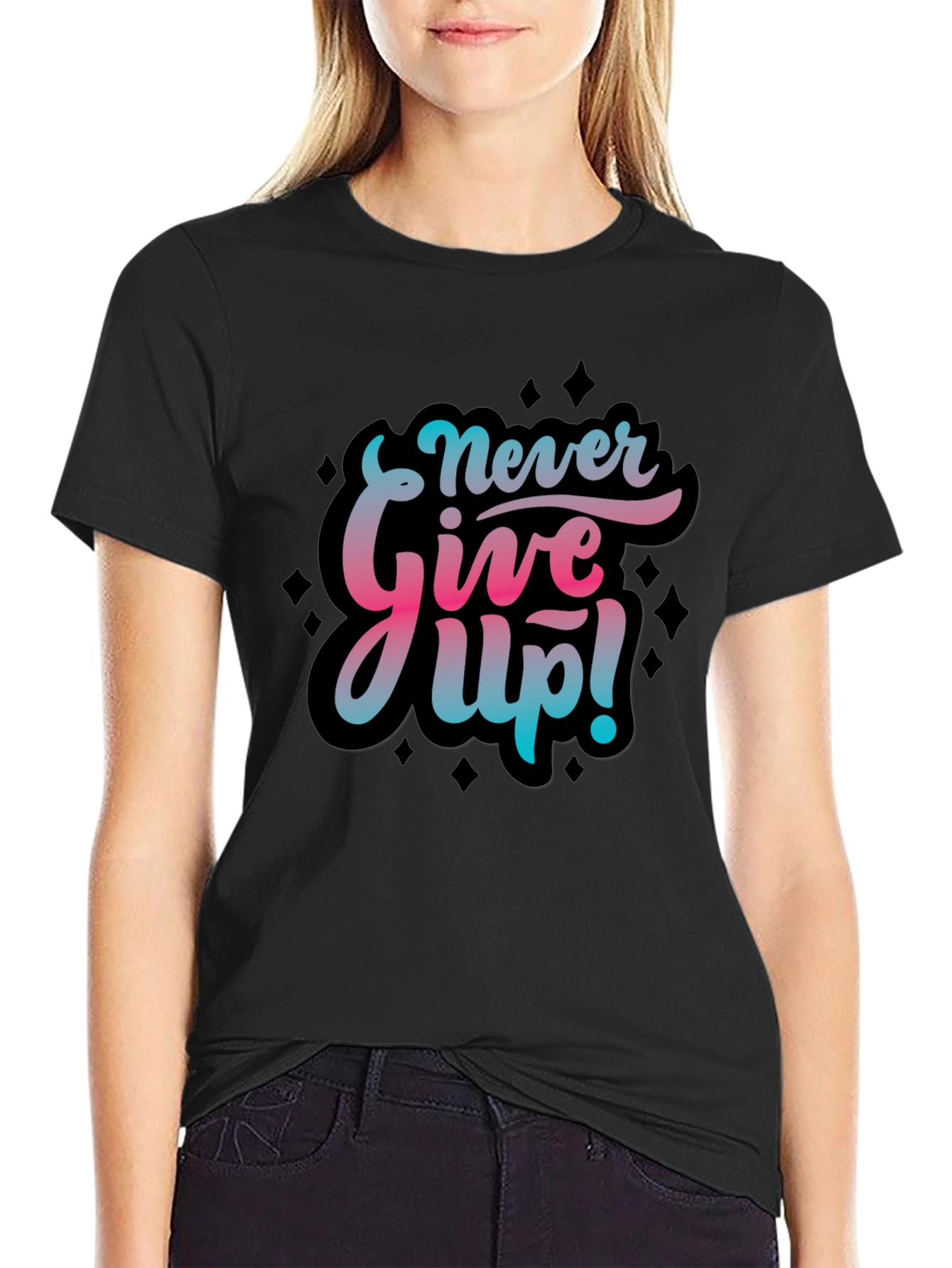 Never Give Up Graphic Print Black T-Shirt