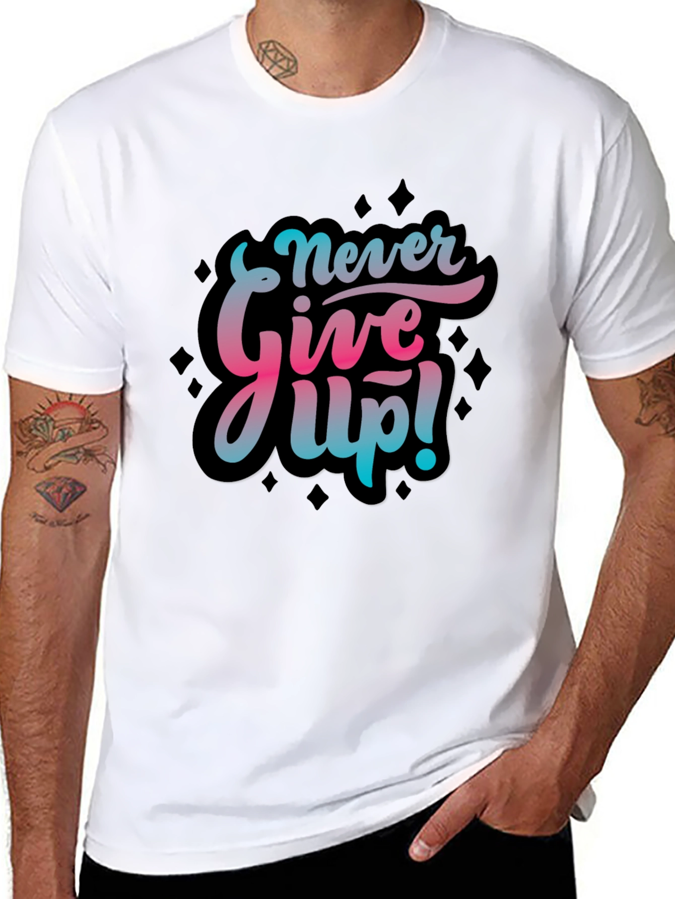 Never Give Up Graphic Print Black T-Shirt
