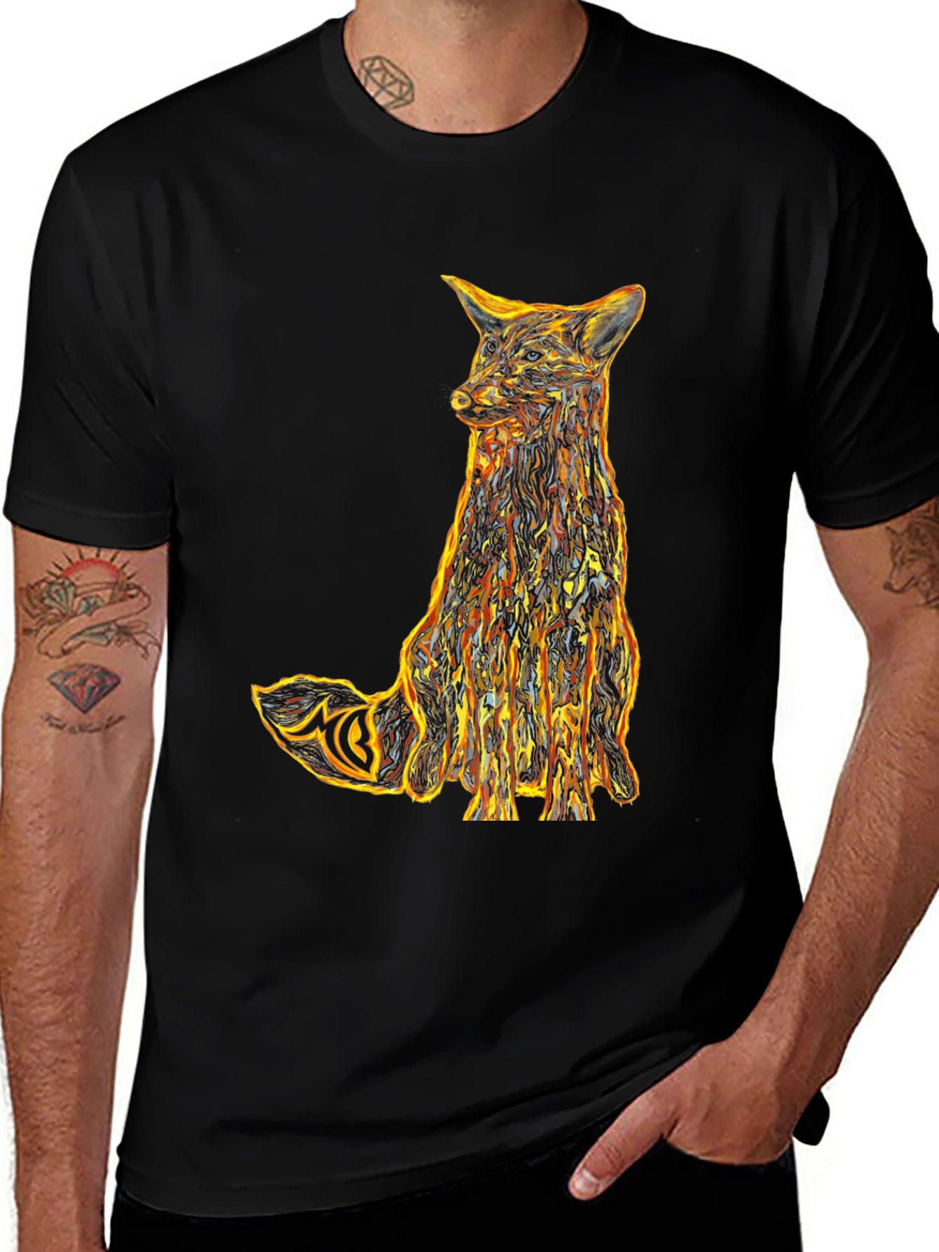 Abstract Fox Graphic Tee - Stylish Mens Black T-Shirt