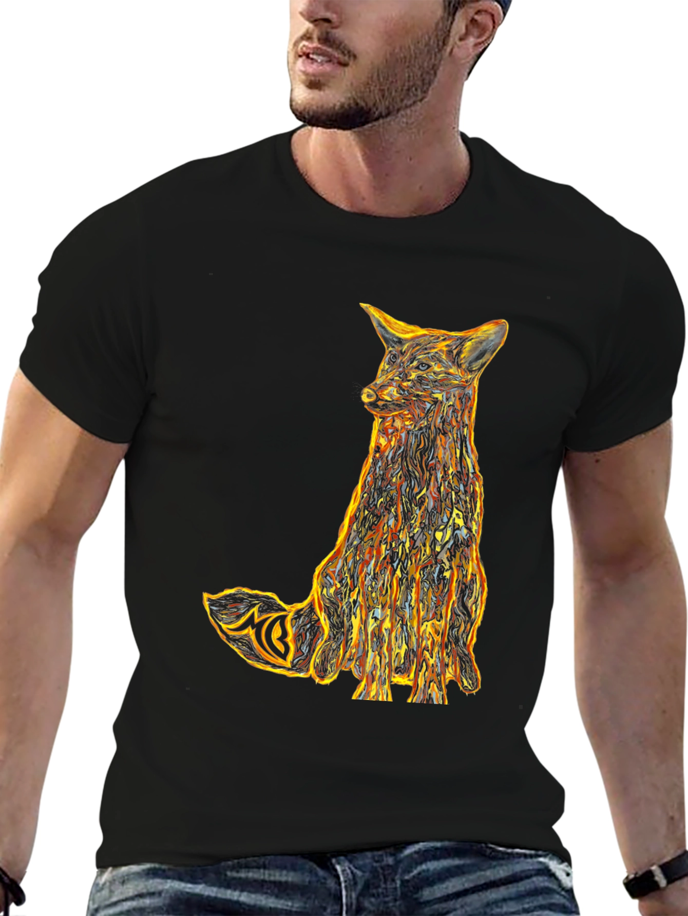 Abstract Fox Graphic Tee - Stylish Mens Black T-Shirt