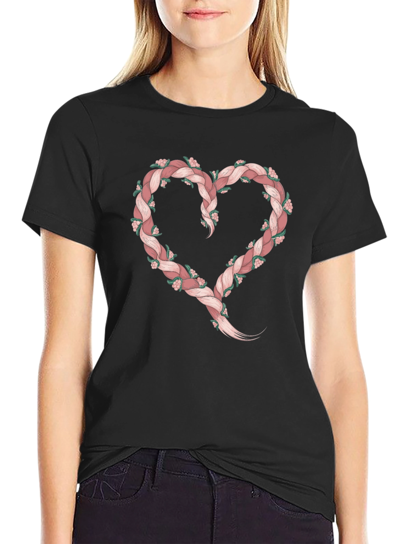 Floral Braid Heart Tee - Stylish Black T-Shirt