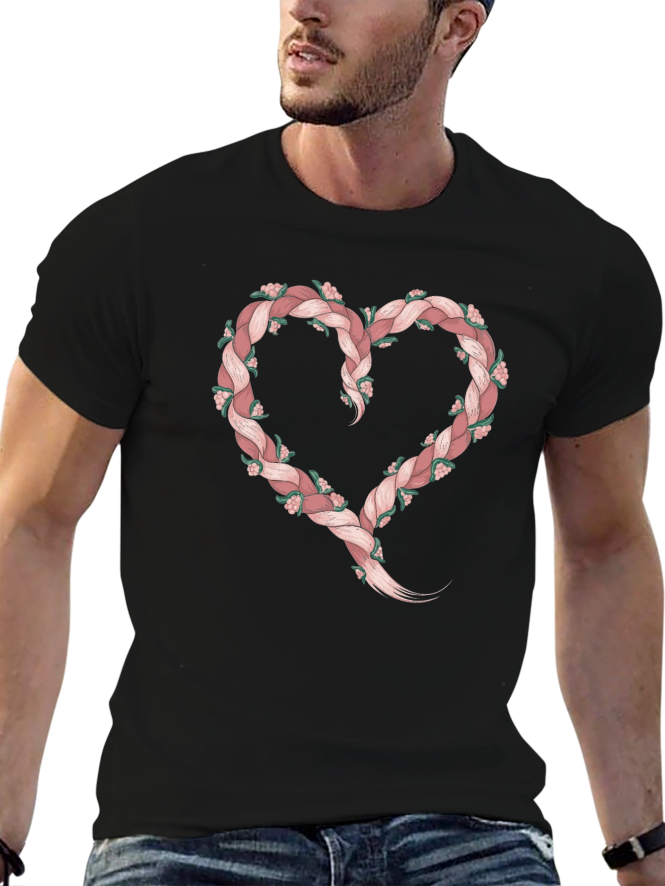 Floral Braid Heart Tee - Stylish Black T-Shirt
