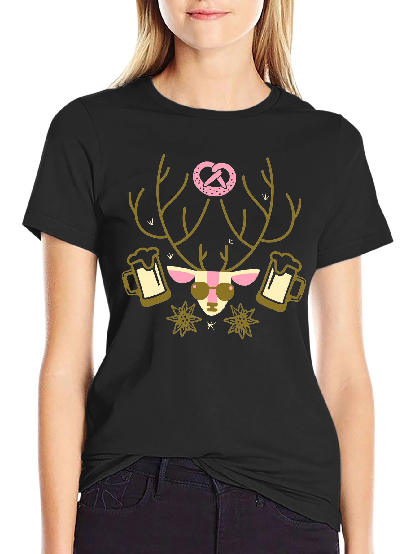 Oktoberfest Deer Pretzel T-Shirt - Black