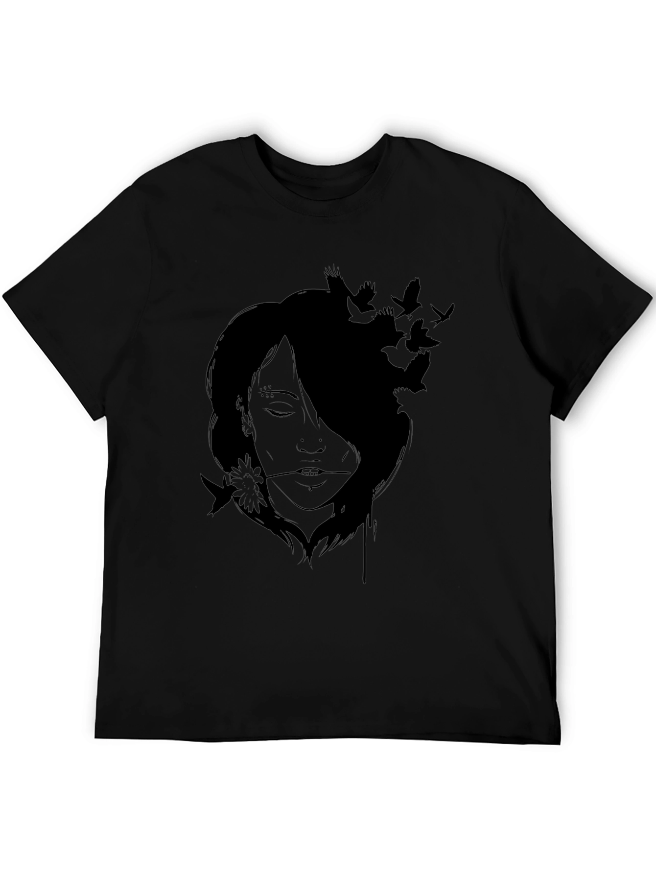 Artistic Woman and Birds Black T-Shirt