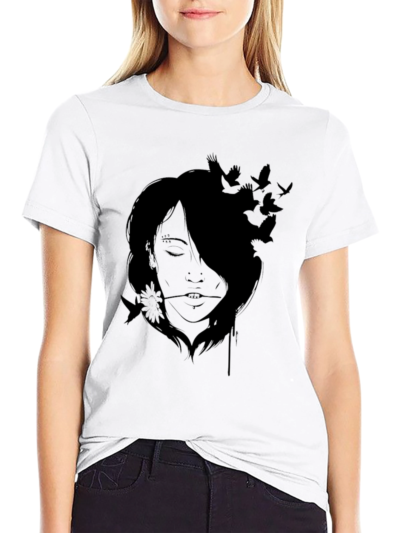 Artistic Woman and Birds Black T-Shirt