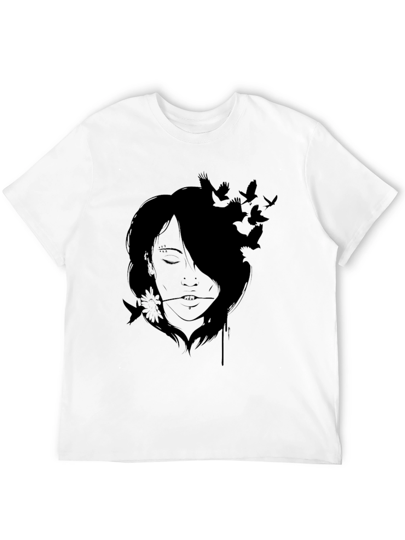 Artistic Woman and Birds Black T-Shirt