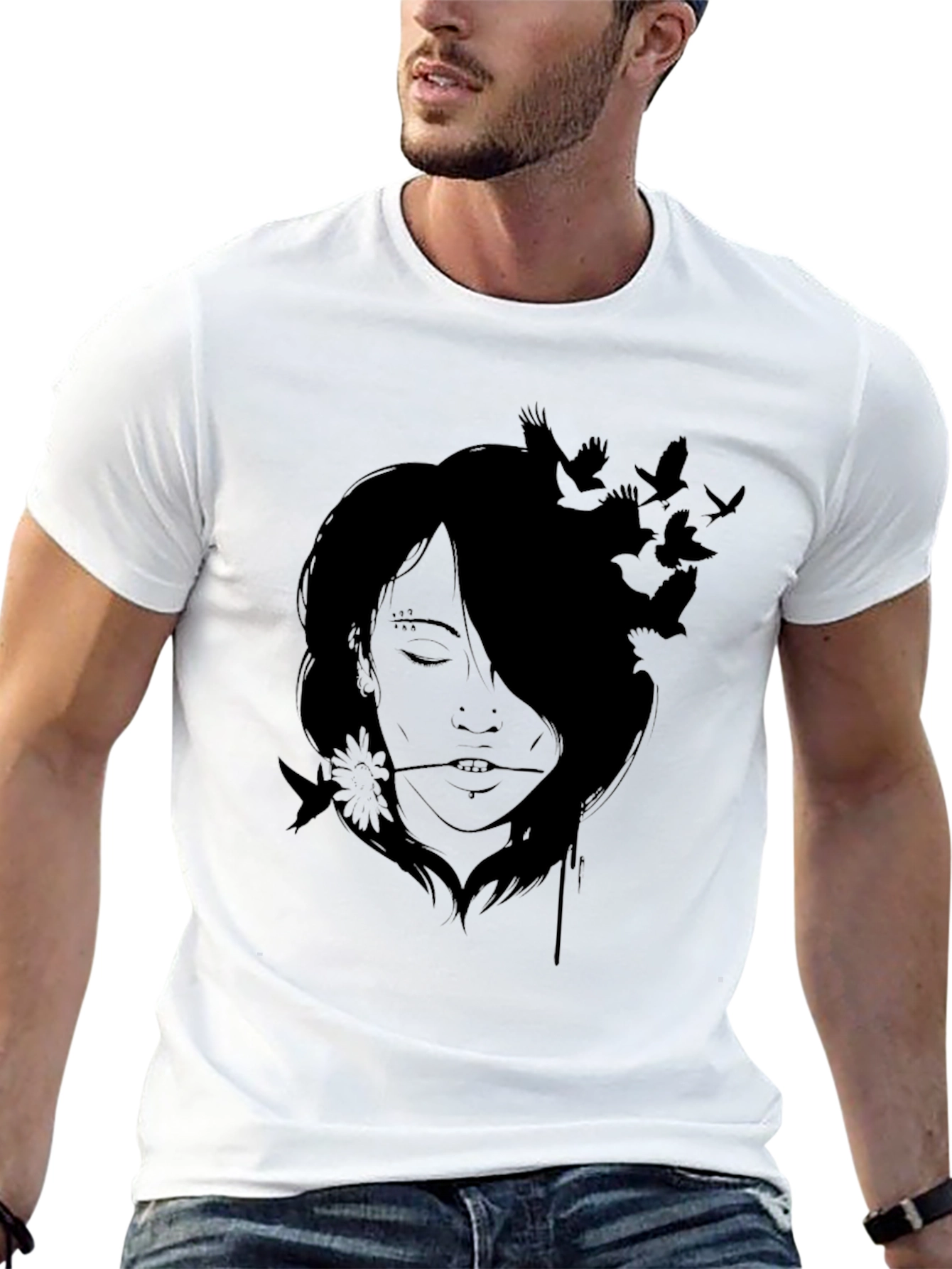 Artistic Woman and Birds Black T-Shirt