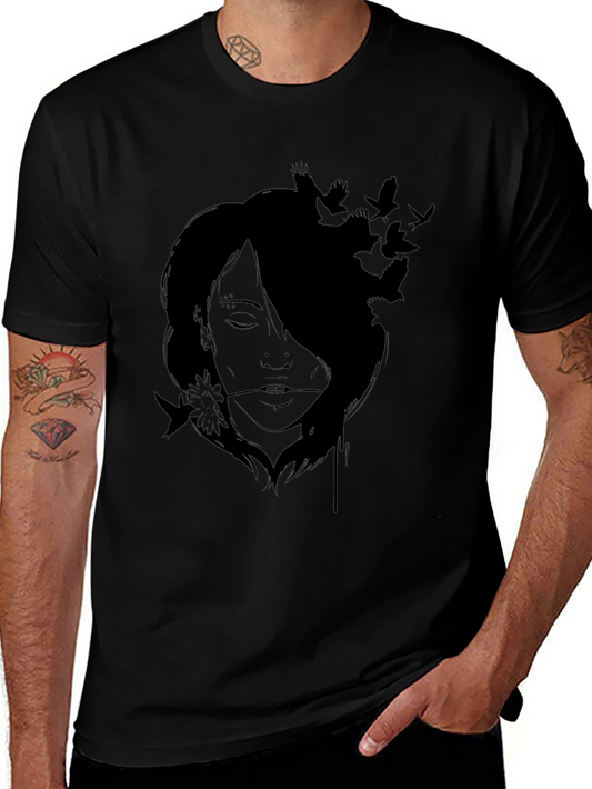 Artistic Woman and Birds Black T-Shirt