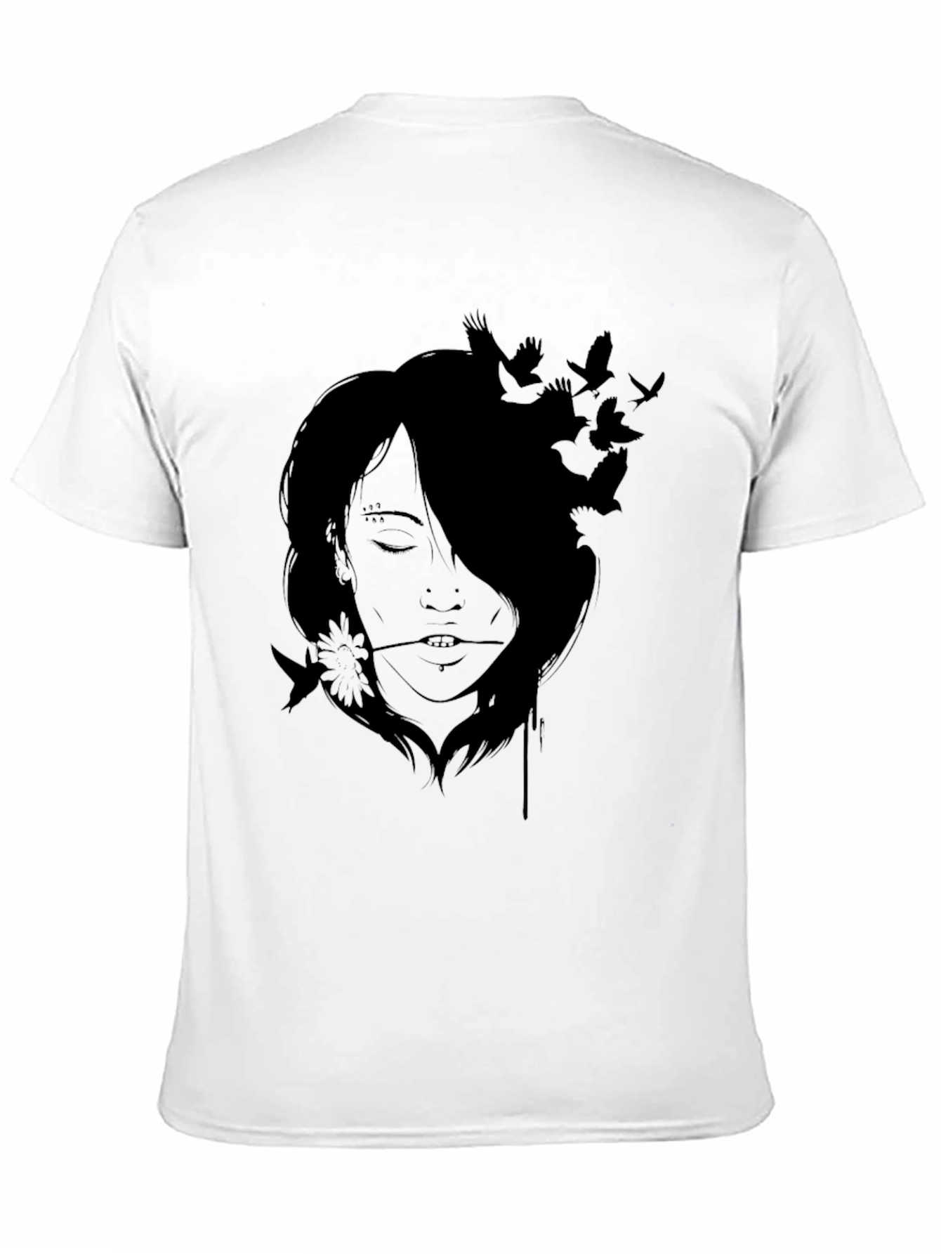 Artistic Woman and Birds Black T-Shirt