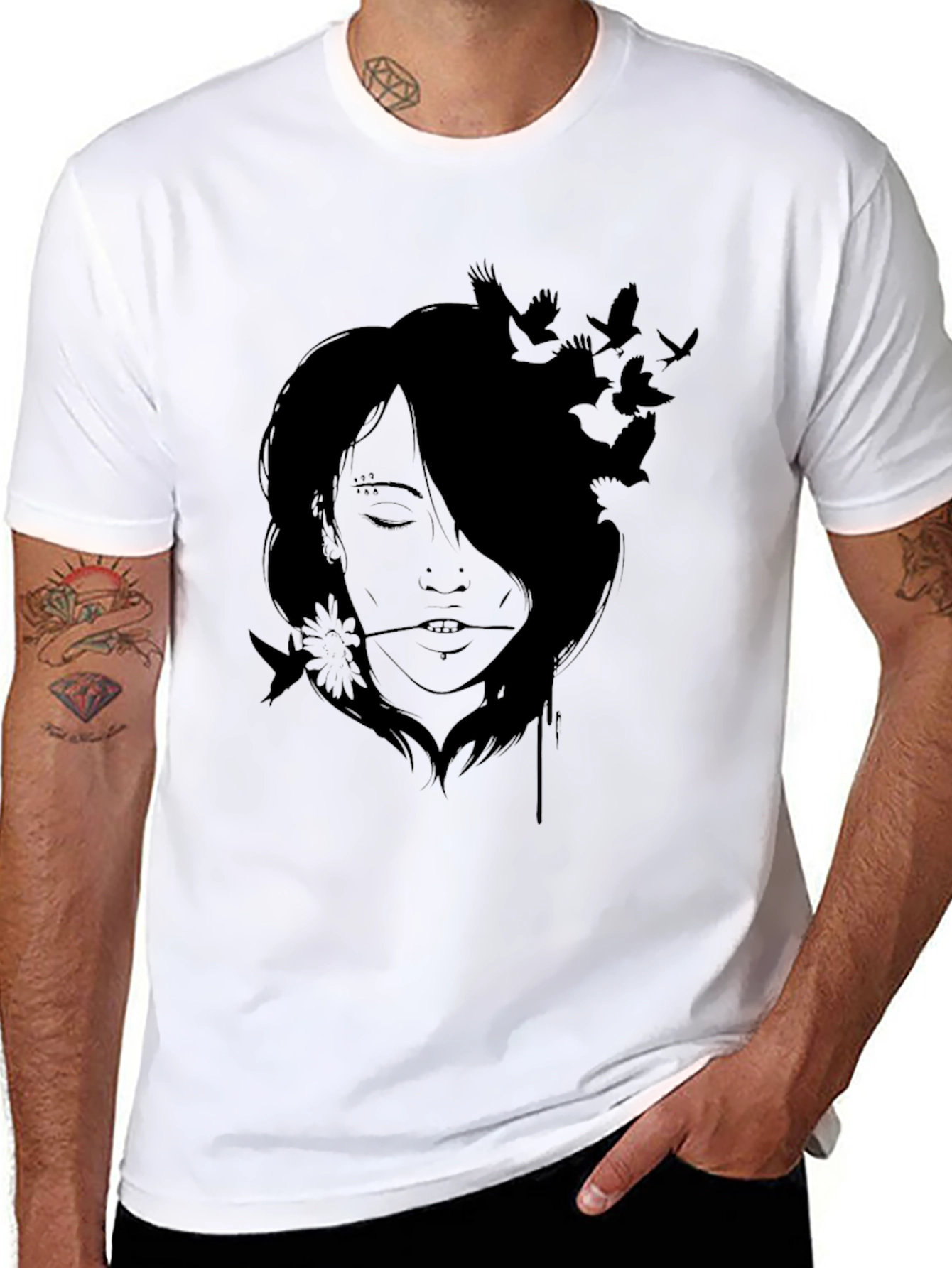 Artistic Woman and Birds Black T-Shirt