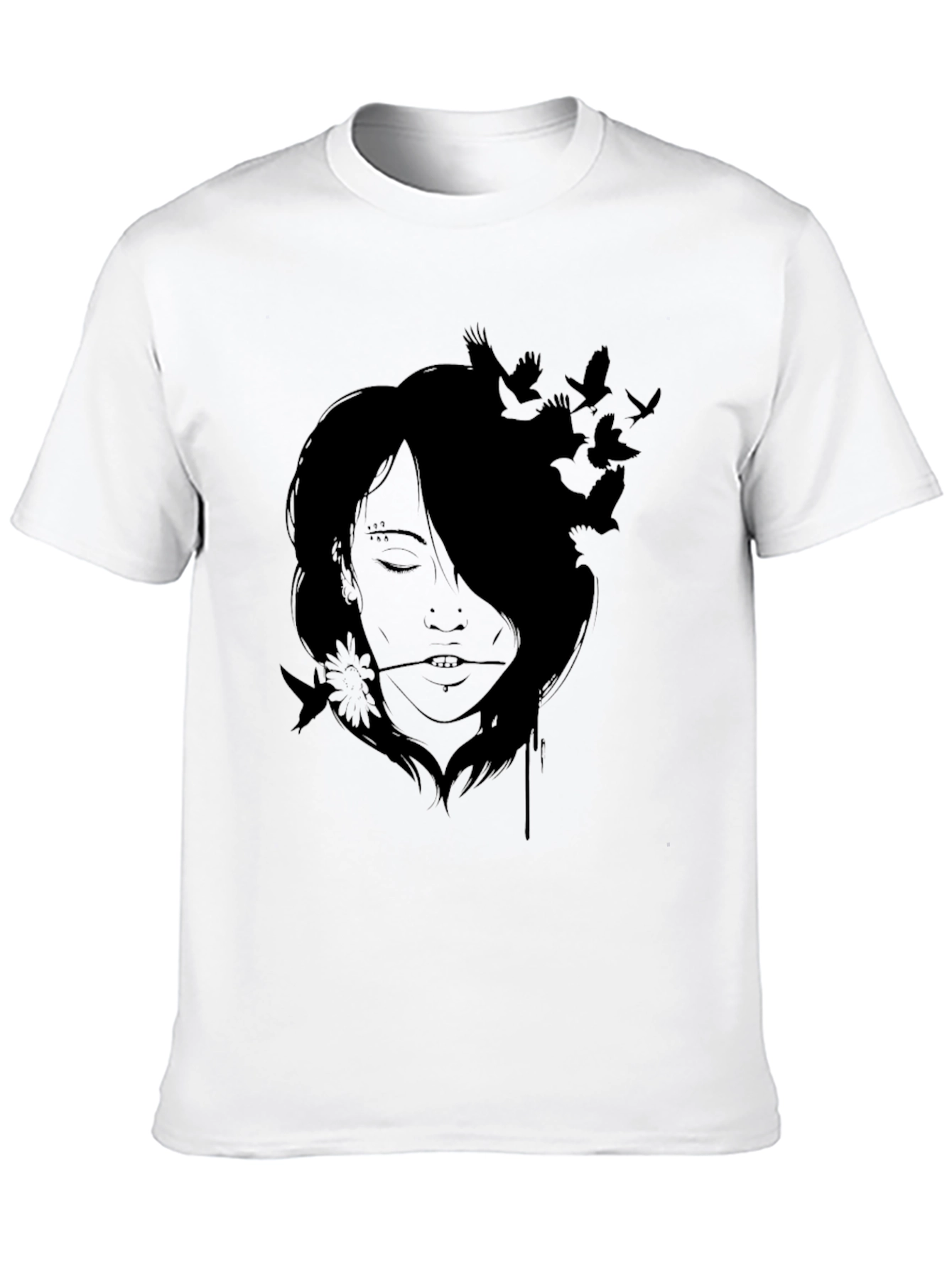 Artistic Woman and Birds Black T-Shirt