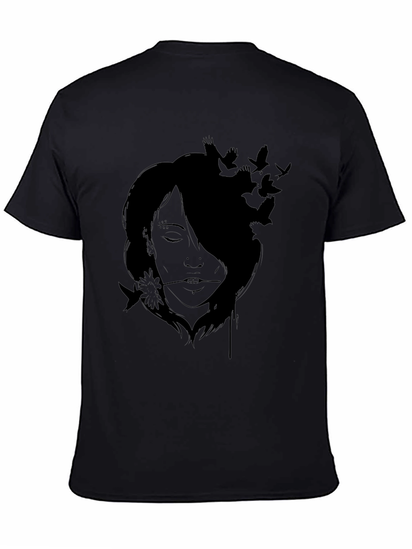 Artistic Woman and Birds Black T-Shirt