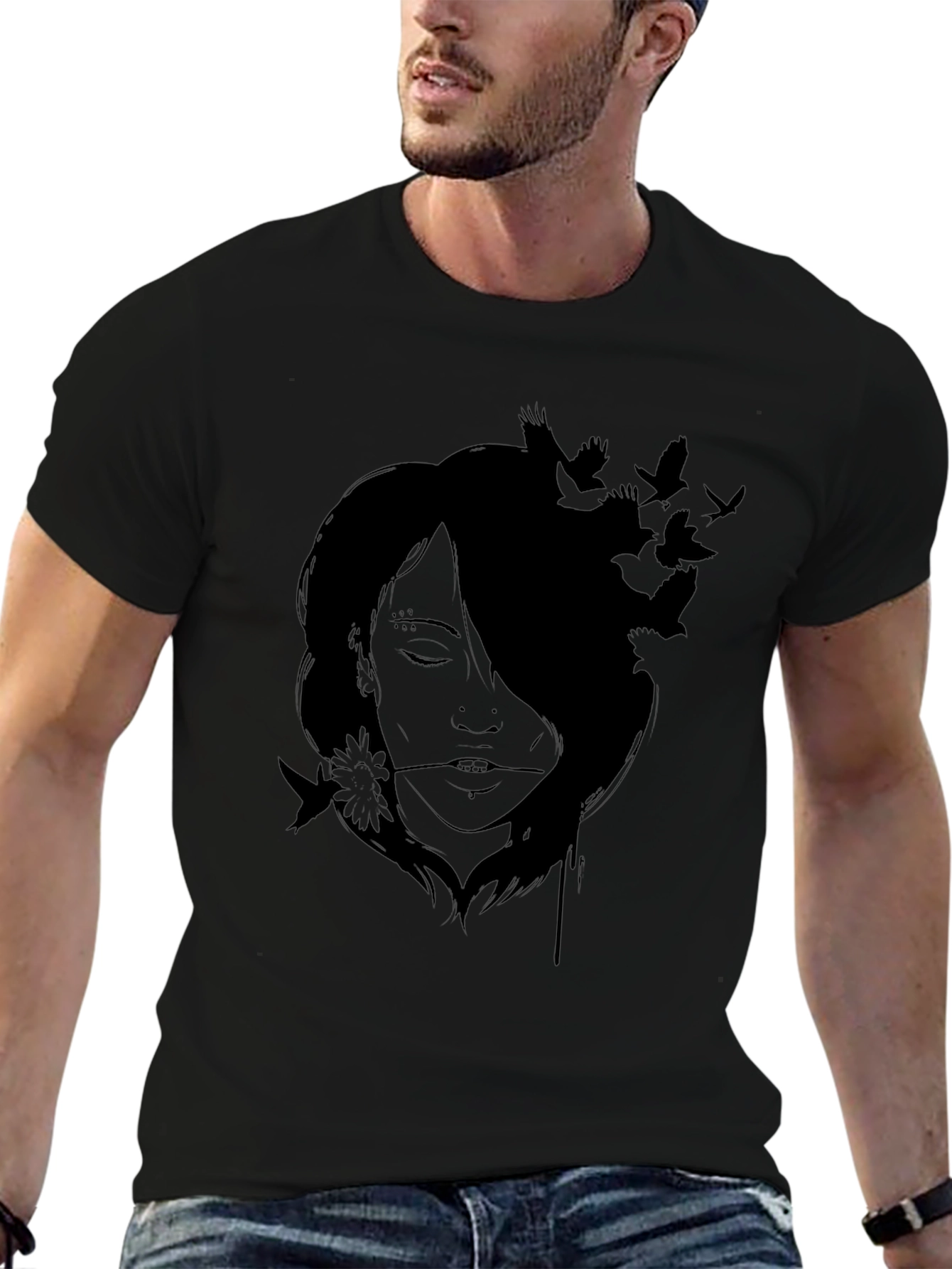 Artistic Woman and Birds Black T-Shirt