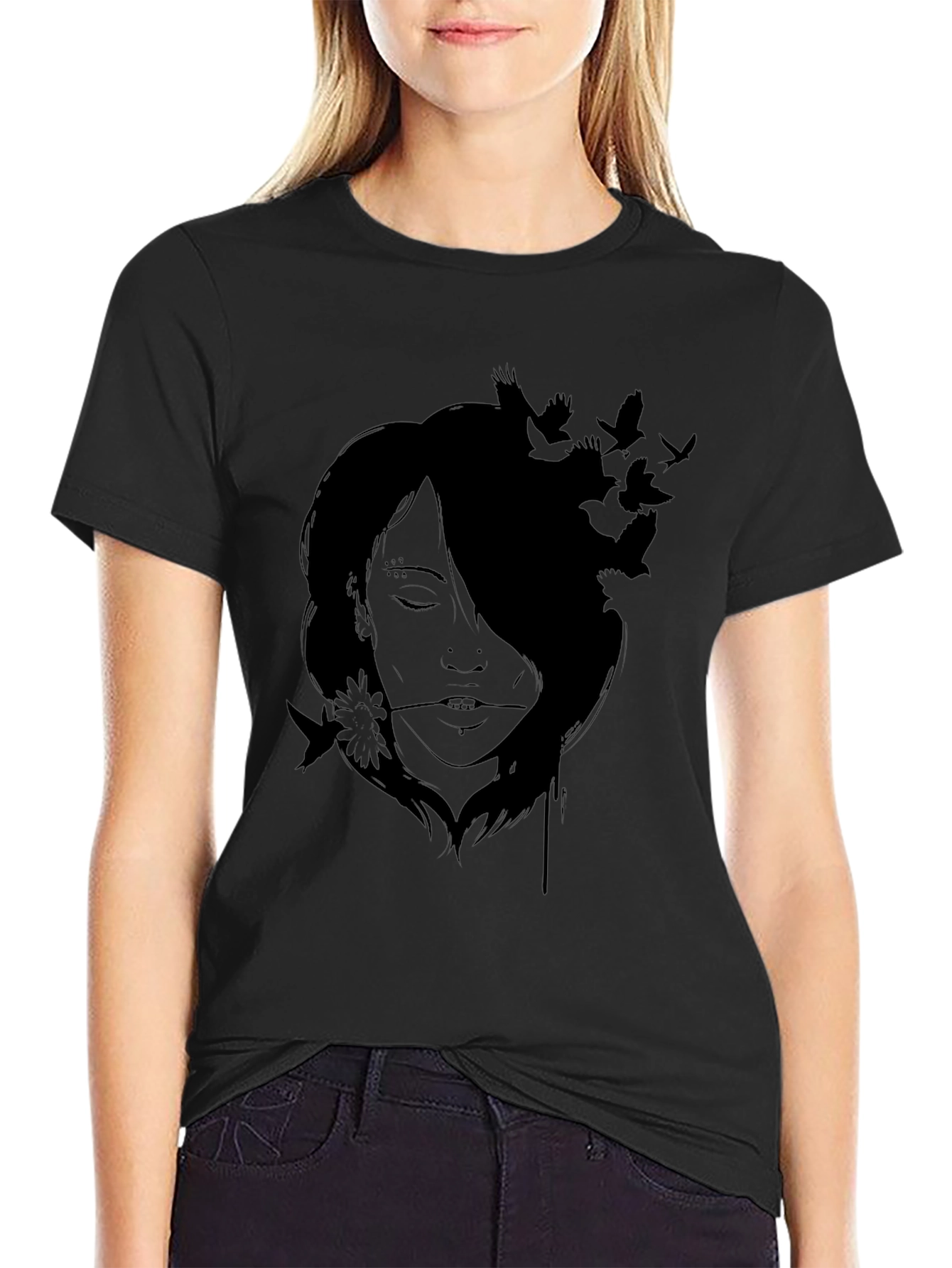 Artistic Woman and Birds Black T-Shirt
