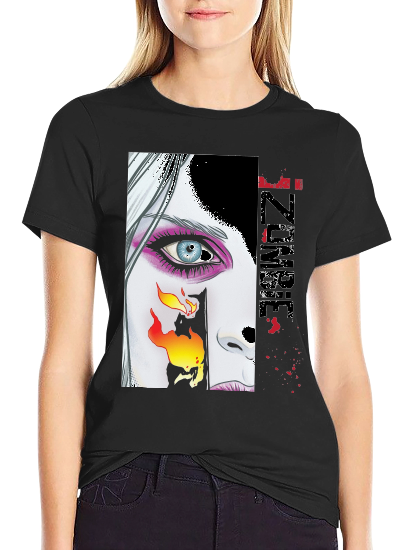 Zombie Woman Graphic Print Black T-Shirt