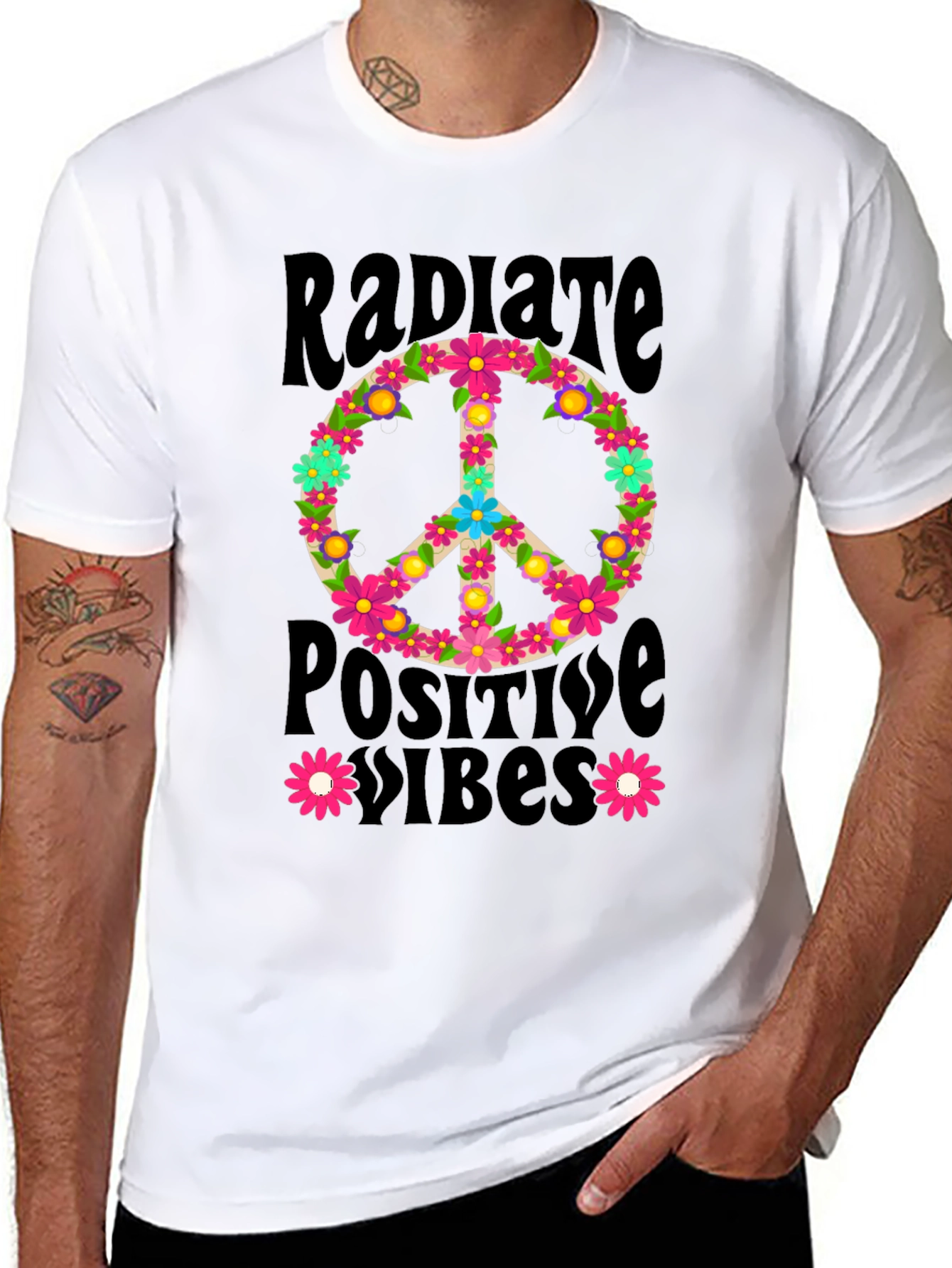 Radiate Positive Vibes Floral Peace Sign Graphic Tee