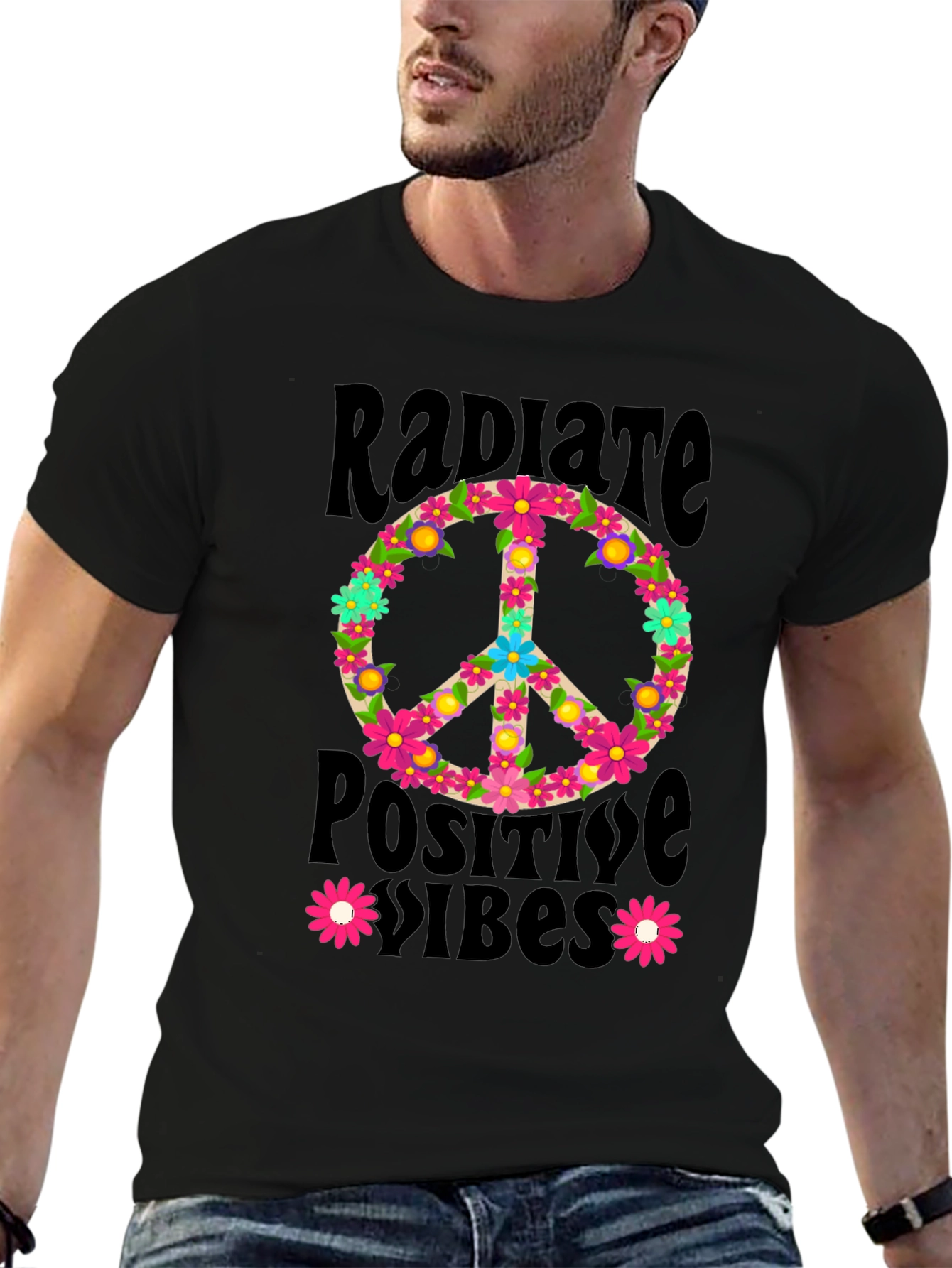 Radiate Positive Vibes Floral Peace Sign Graphic Tee