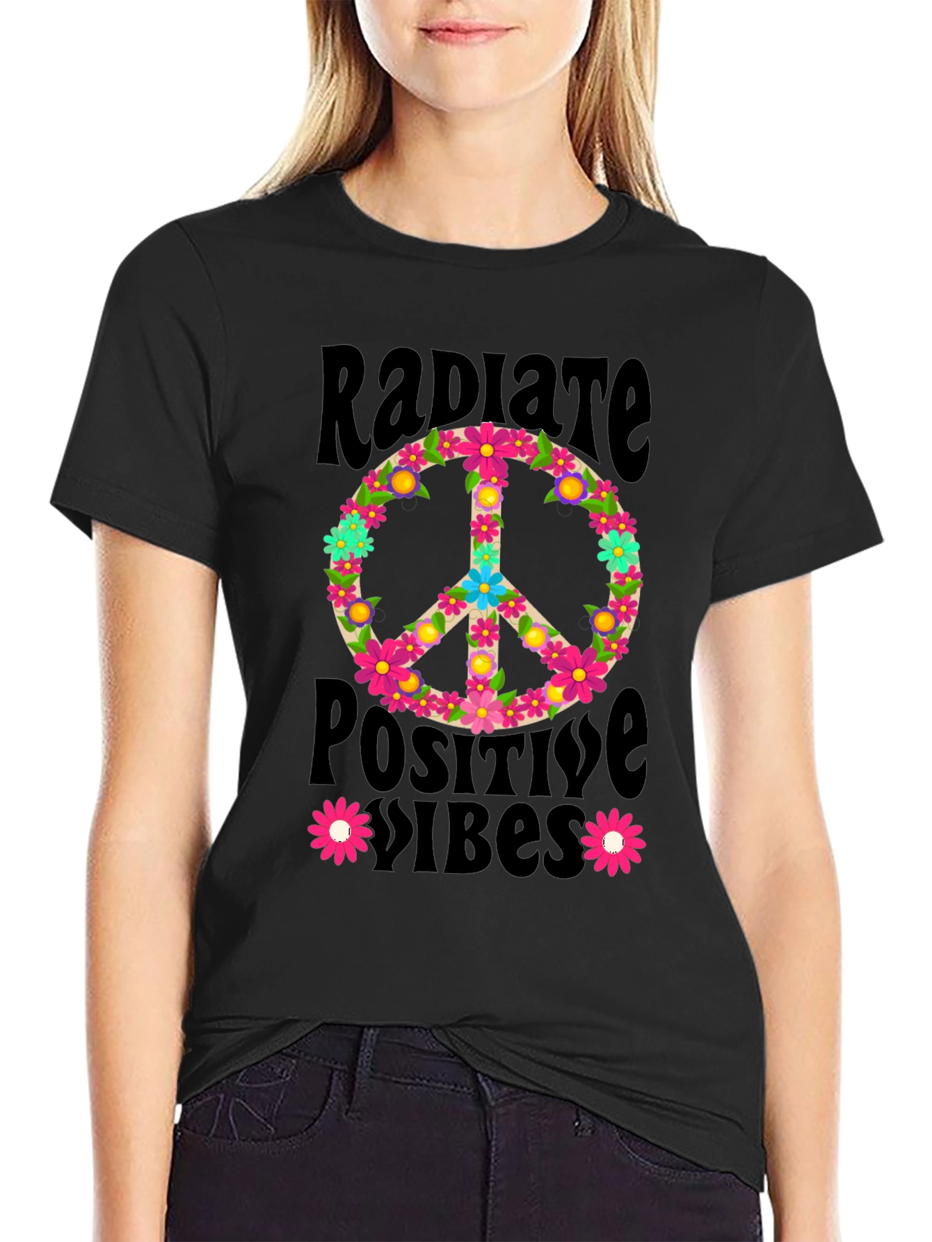Radiate Positive Vibes Floral Peace Sign Graphic Tee