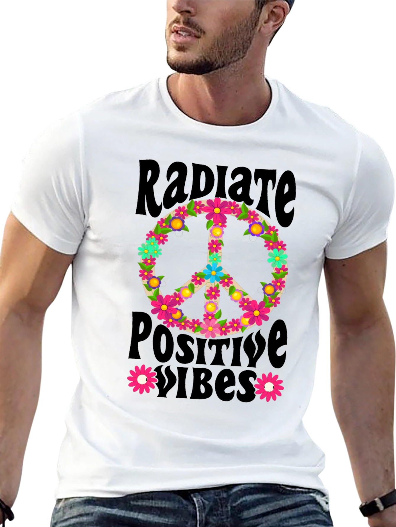 Radiate Positive Vibes Floral Peace Sign Graphic Tee