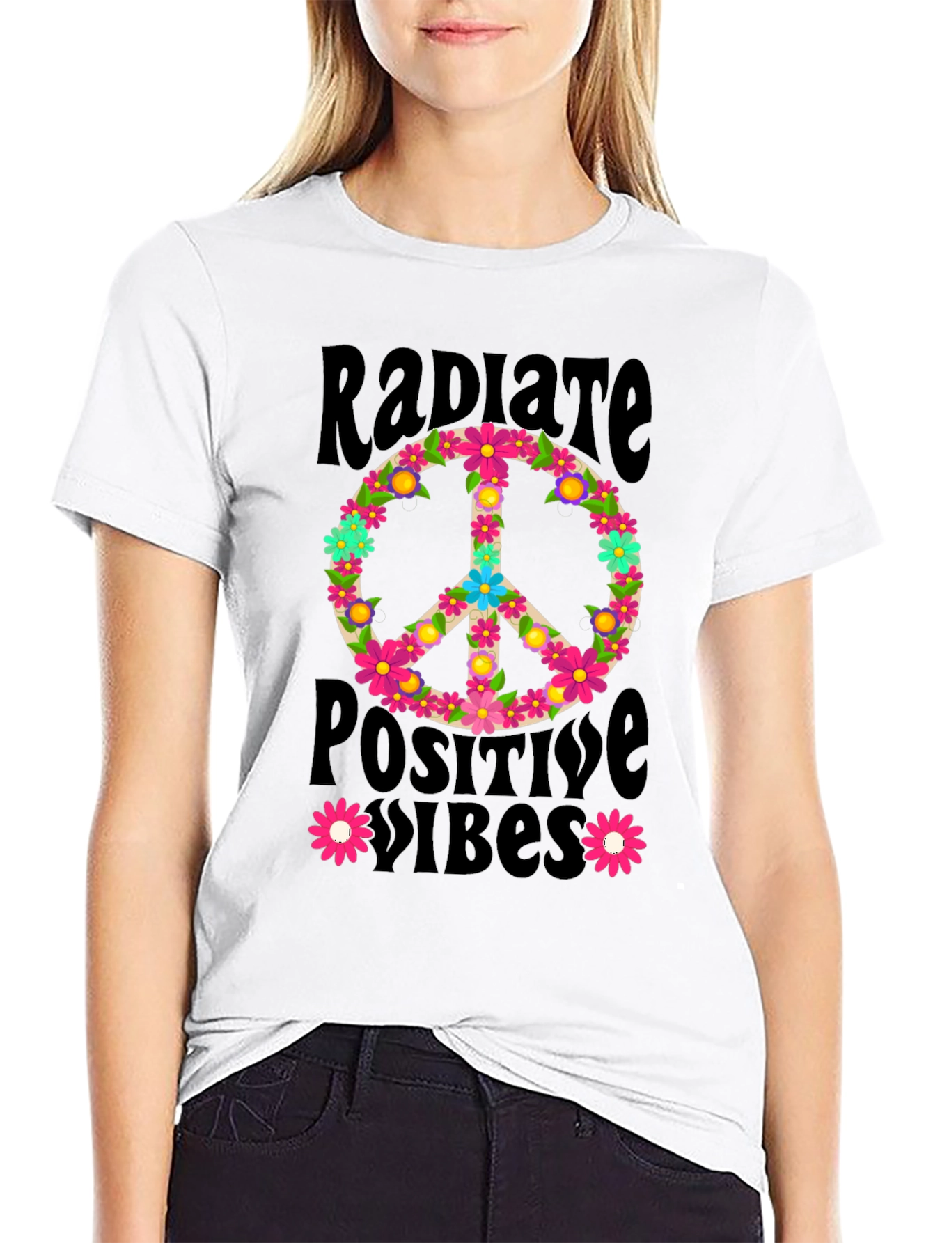 Radiate Positive Vibes Floral Peace Sign Graphic Tee