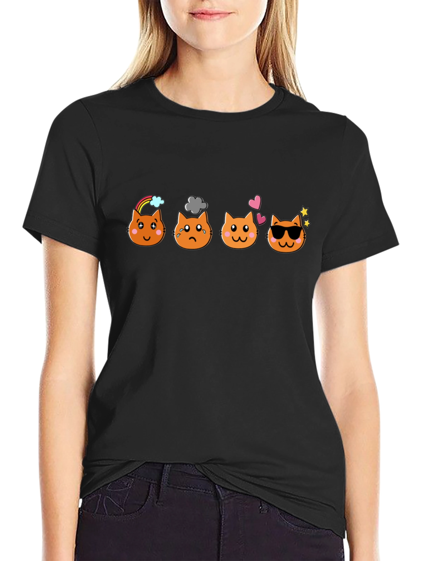 Emoji Cat Moods Black T-Shirt