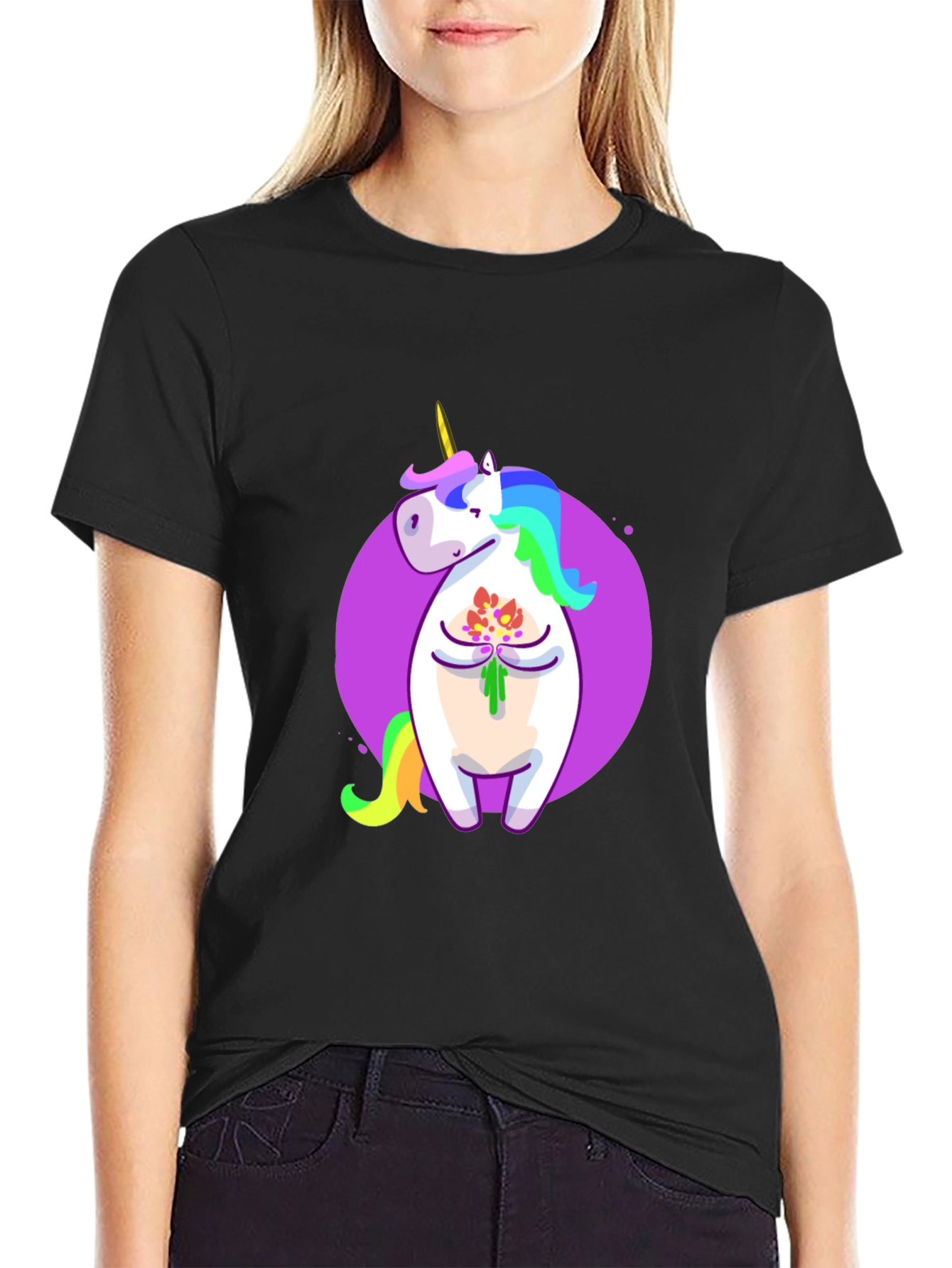 Unicorn Flower Graphic Black T-Shirt