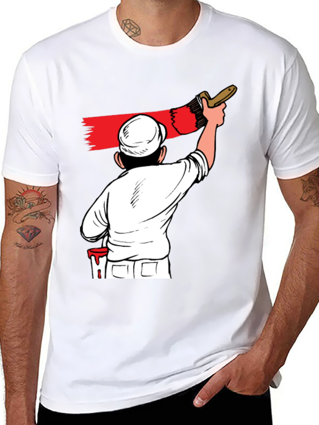 Painter Cartoon Graphic T-Shirt - Black Crew Neck