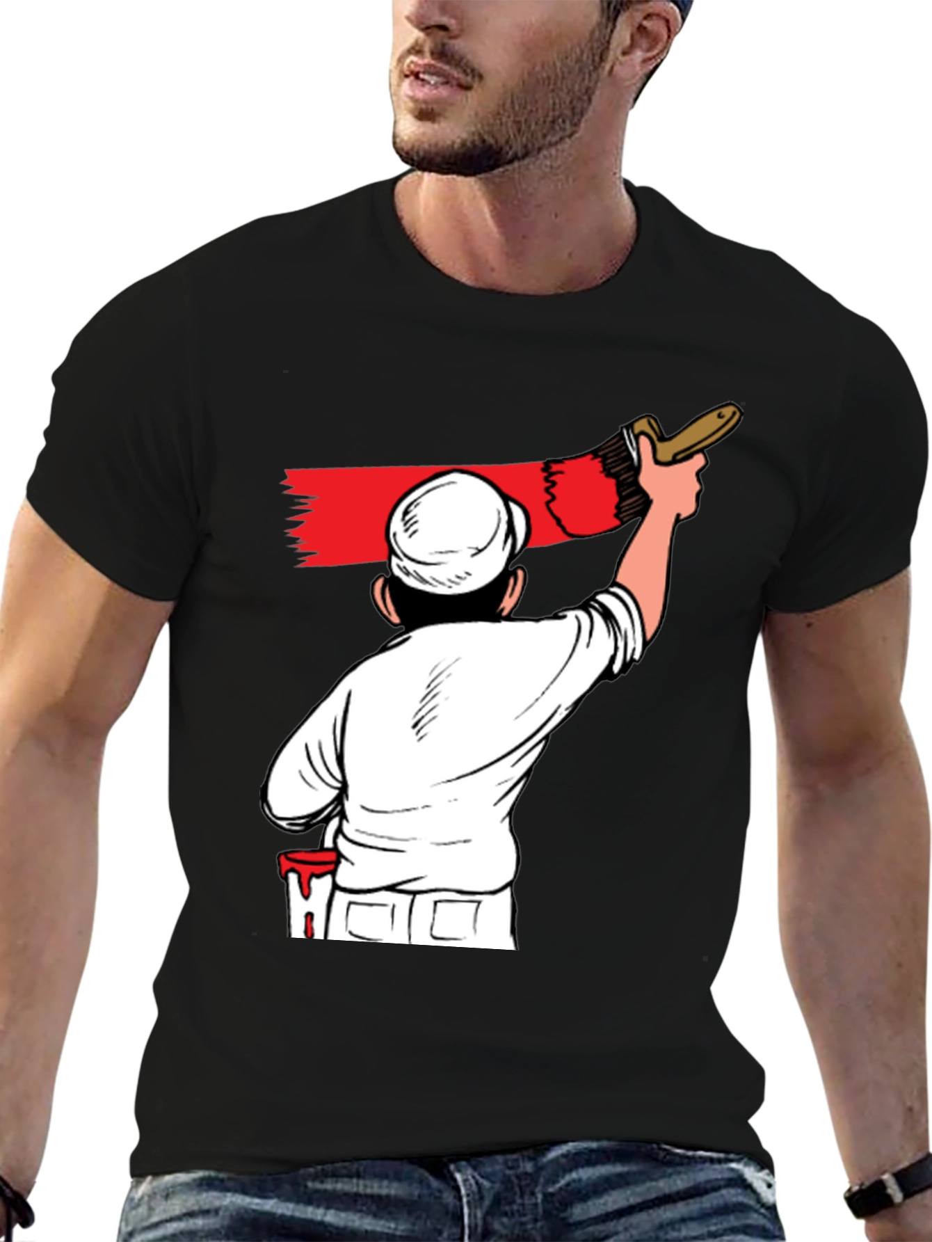 Painter Cartoon Graphic T-Shirt - Black Crew Neck