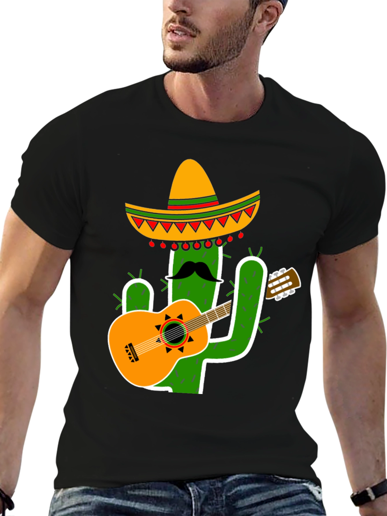 Cactus Sombrero Guitar Black T-Shirt
