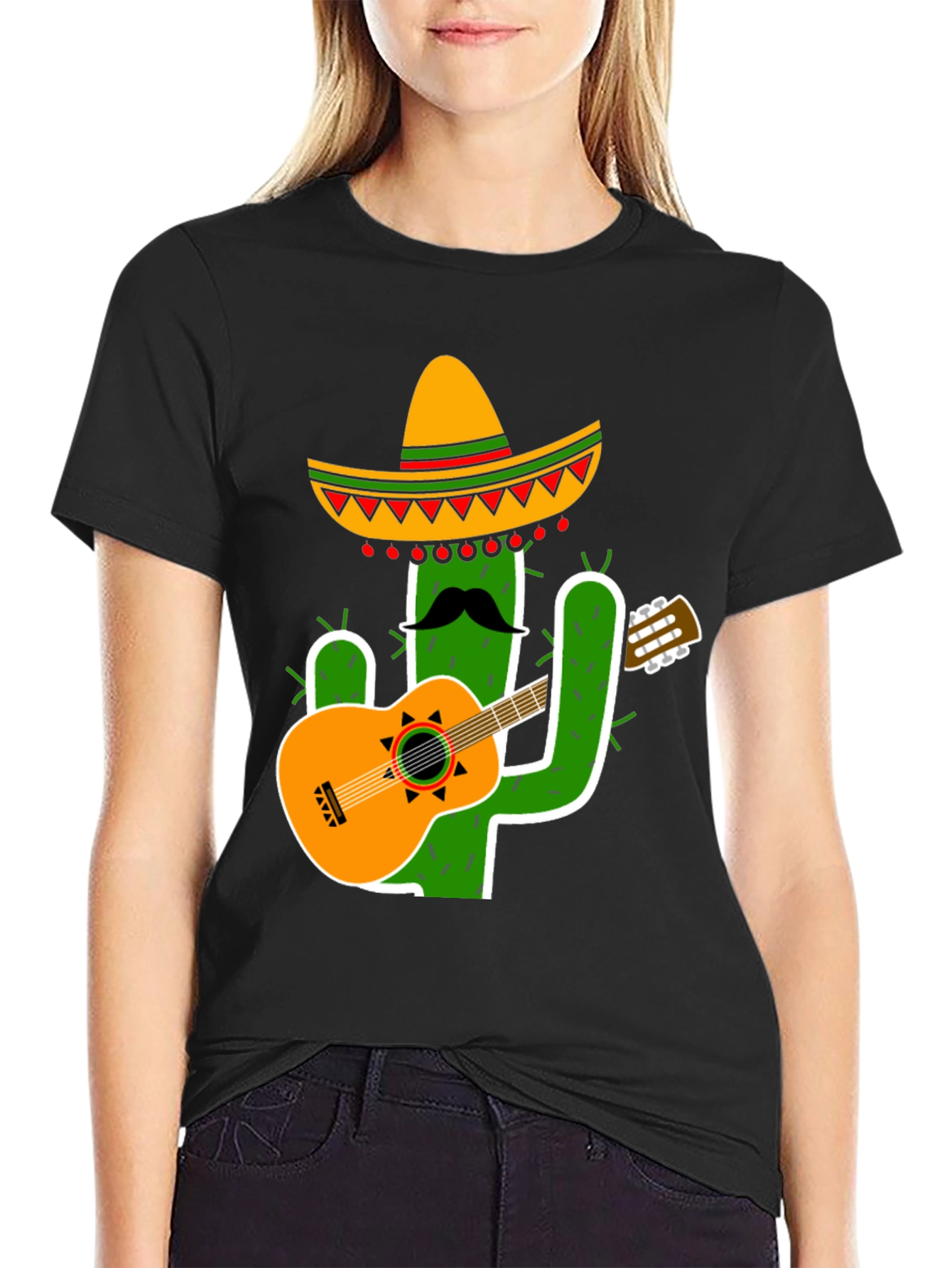 Cactus Sombrero Guitar Black T-Shirt