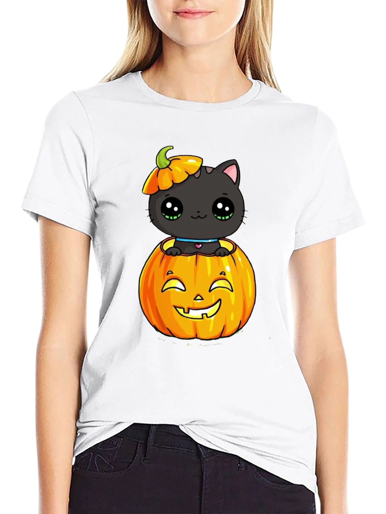 Halloween Cat in Pumpkin Black T-Shirt