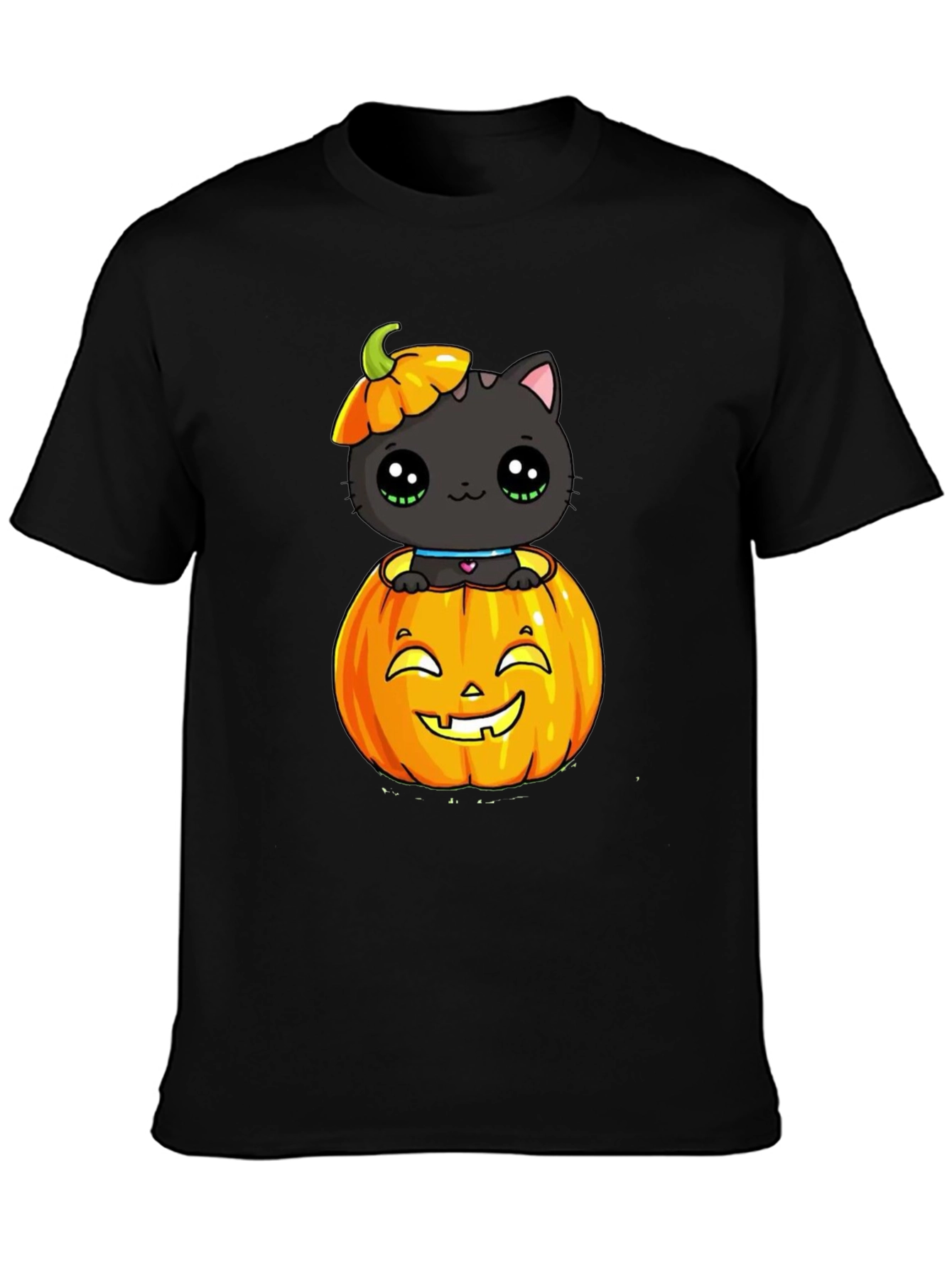 Halloween Cat in Pumpkin Black T-Shirt