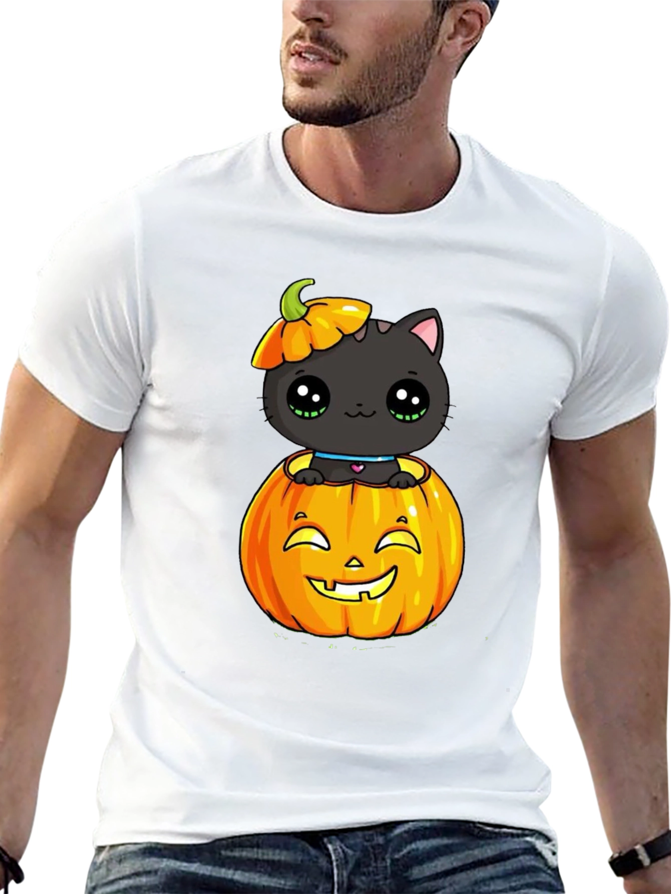 Halloween Cat in Pumpkin Black T-Shirt