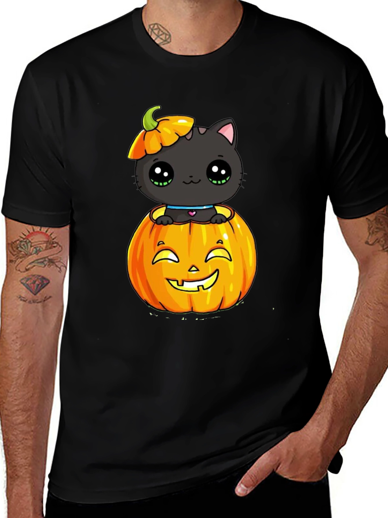 Halloween Cat in Pumpkin Black T-Shirt