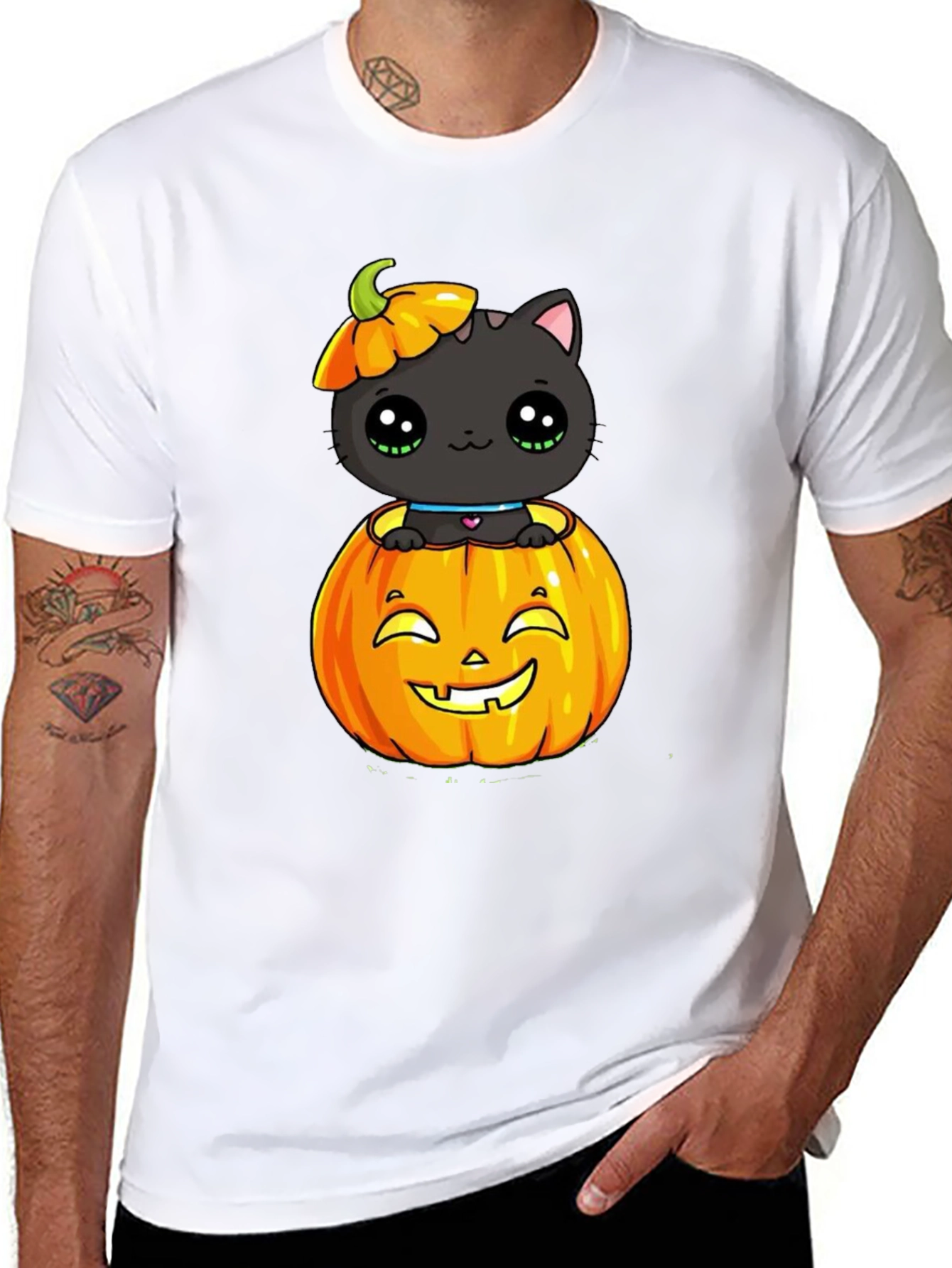 Halloween Cat in Pumpkin Black T-Shirt