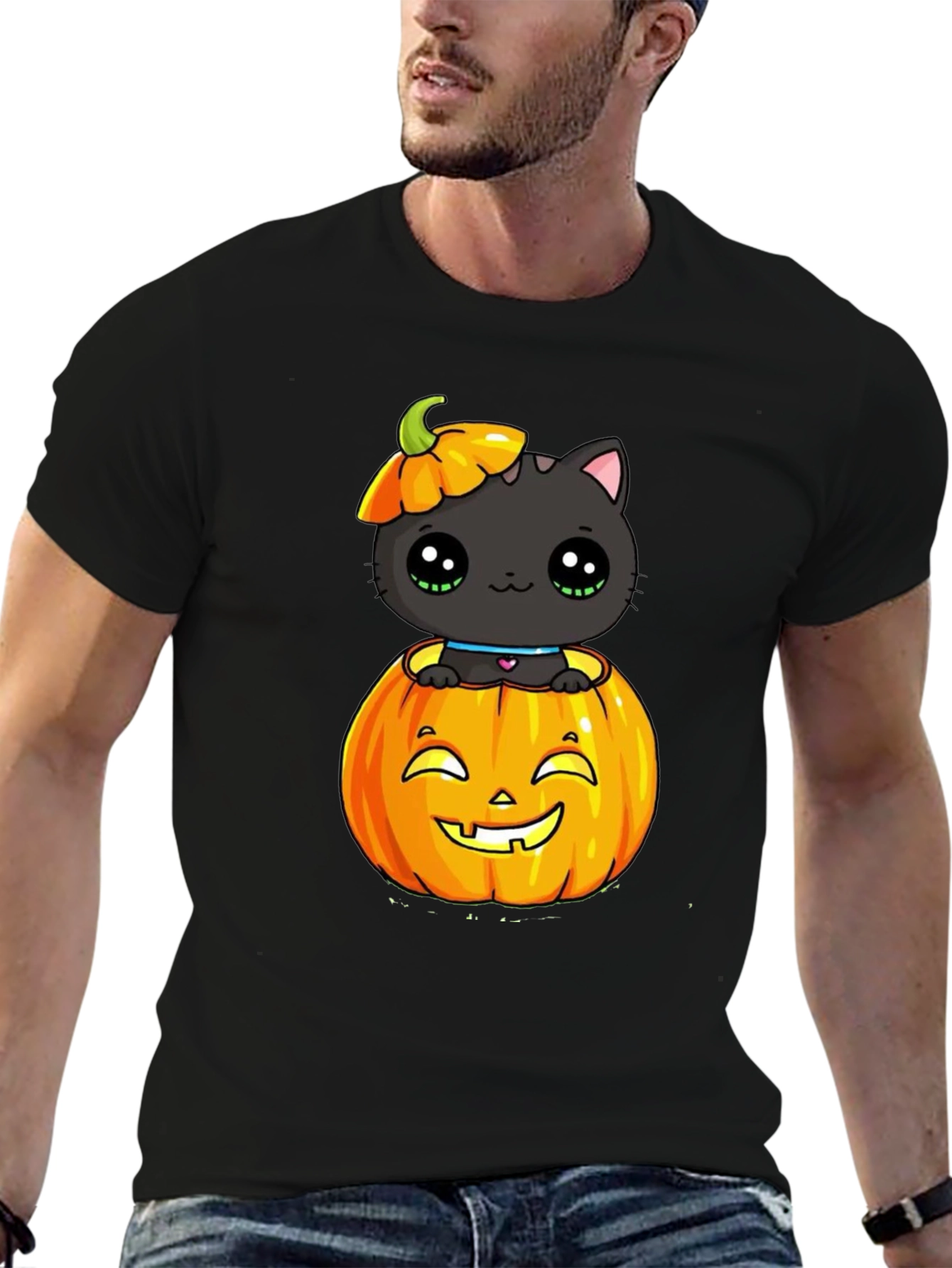 Halloween Cat in Pumpkin Black T-Shirt