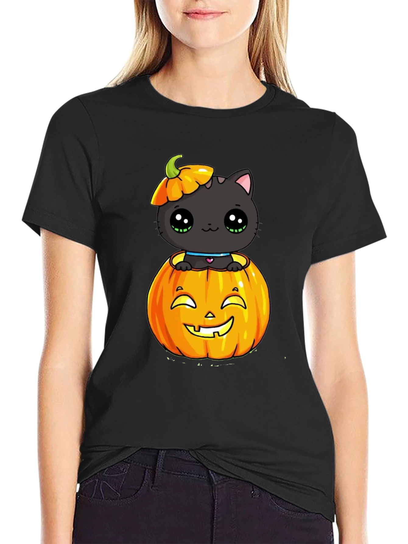 Halloween Cat in Pumpkin Black T-Shirt