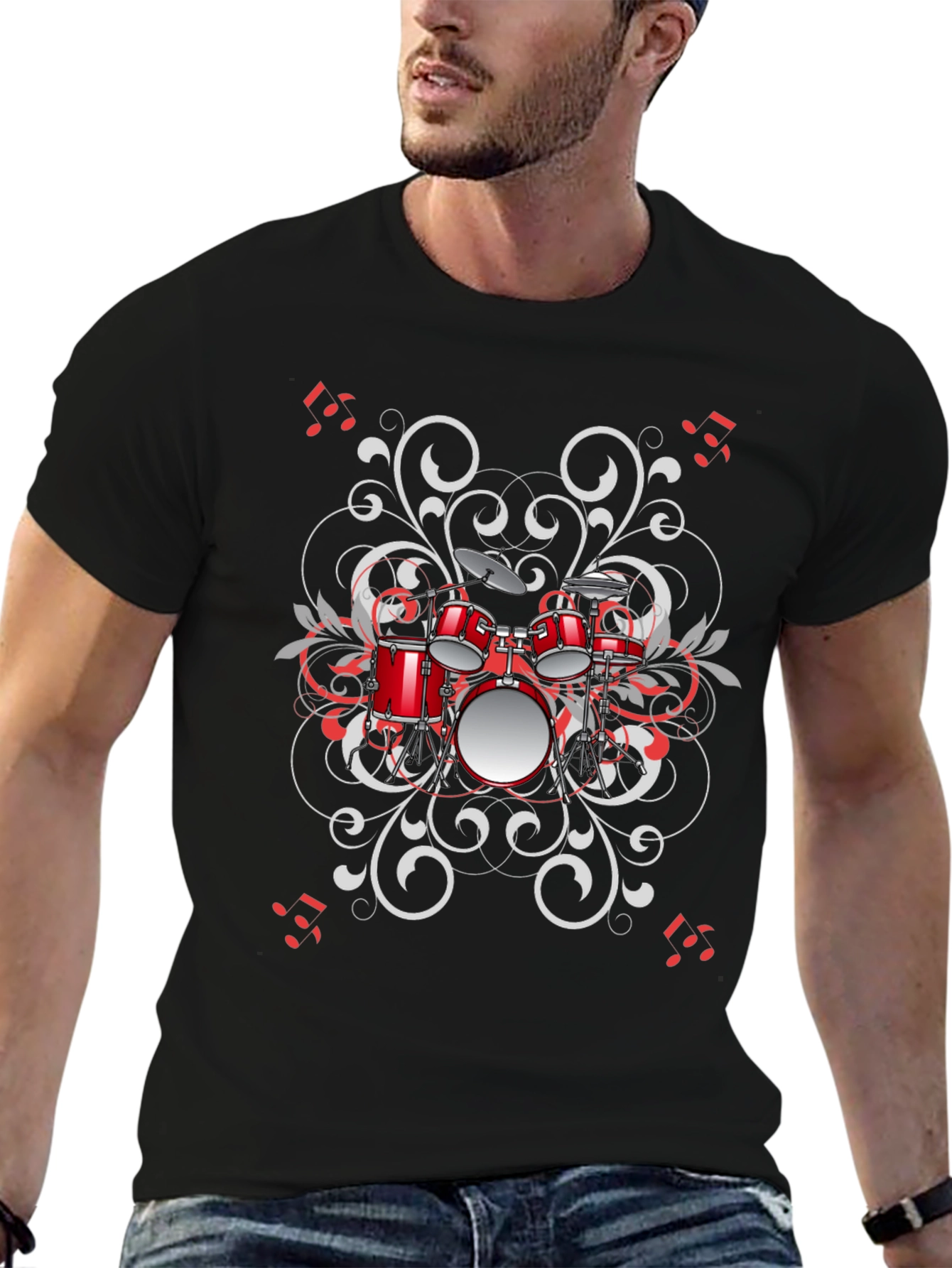 Drum Set Graphic Tee - Black Music Lover Shirt