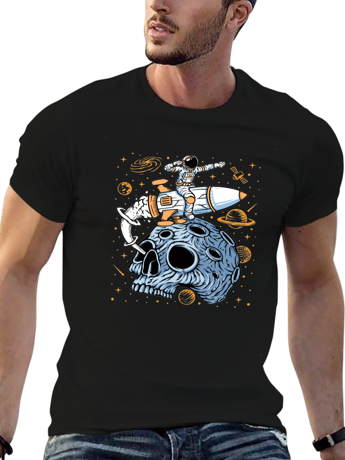 Astronaut Rocket Moon Skull Graphic T-Shirt