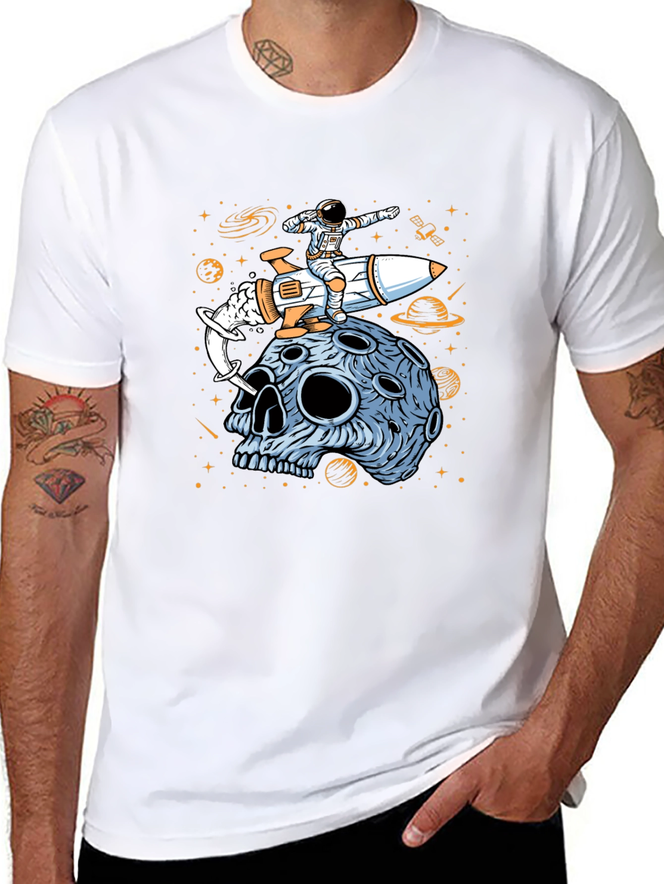 Astronaut Rocket Moon Skull Graphic T-Shirt