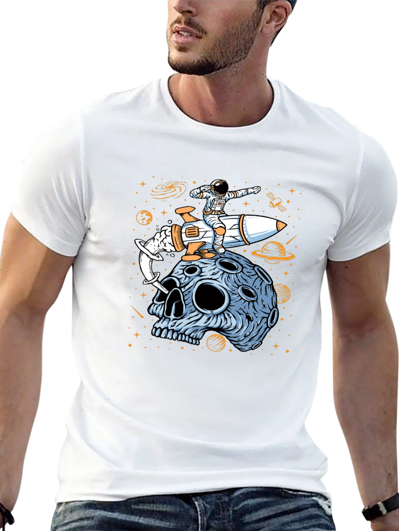 Astronaut Rocket Moon Skull Graphic T-Shirt