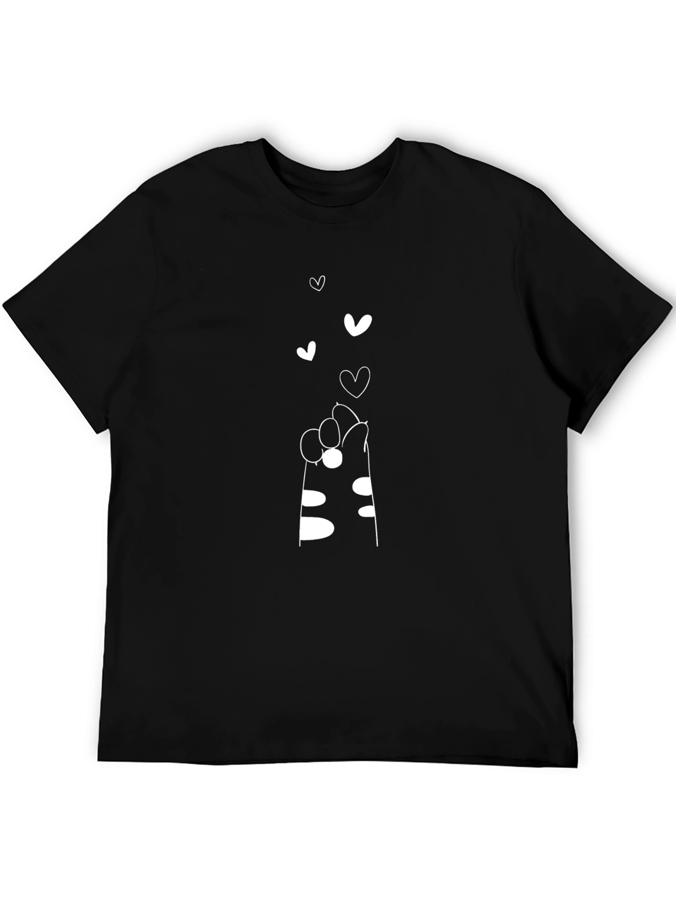 Cute Cat Paw Heart Print Black T-Shirt