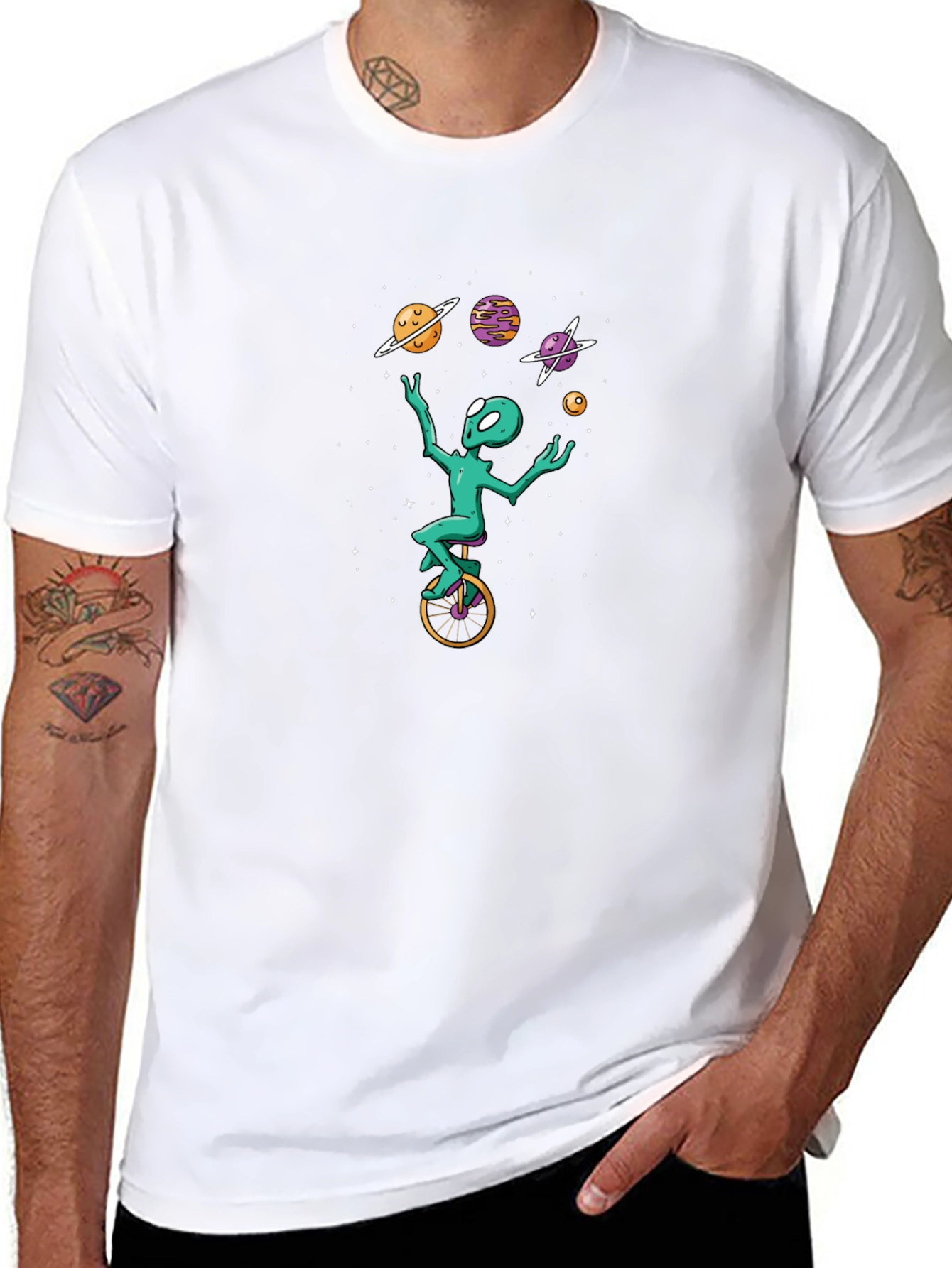 Alien Unicycle Juggling Planets Graphic Tee