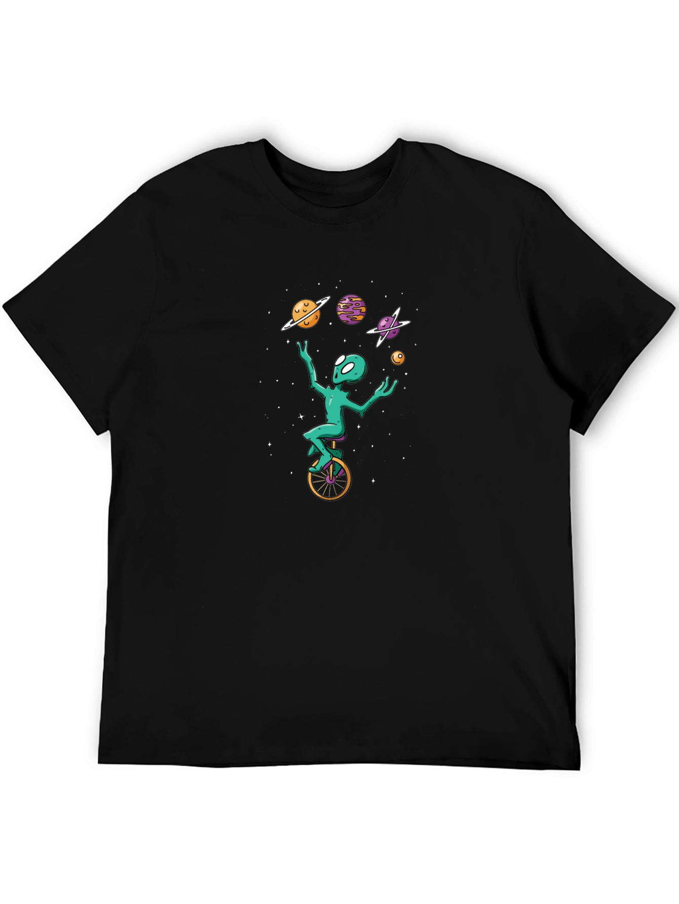 Alien Unicycle Juggling Planets Graphic Tee